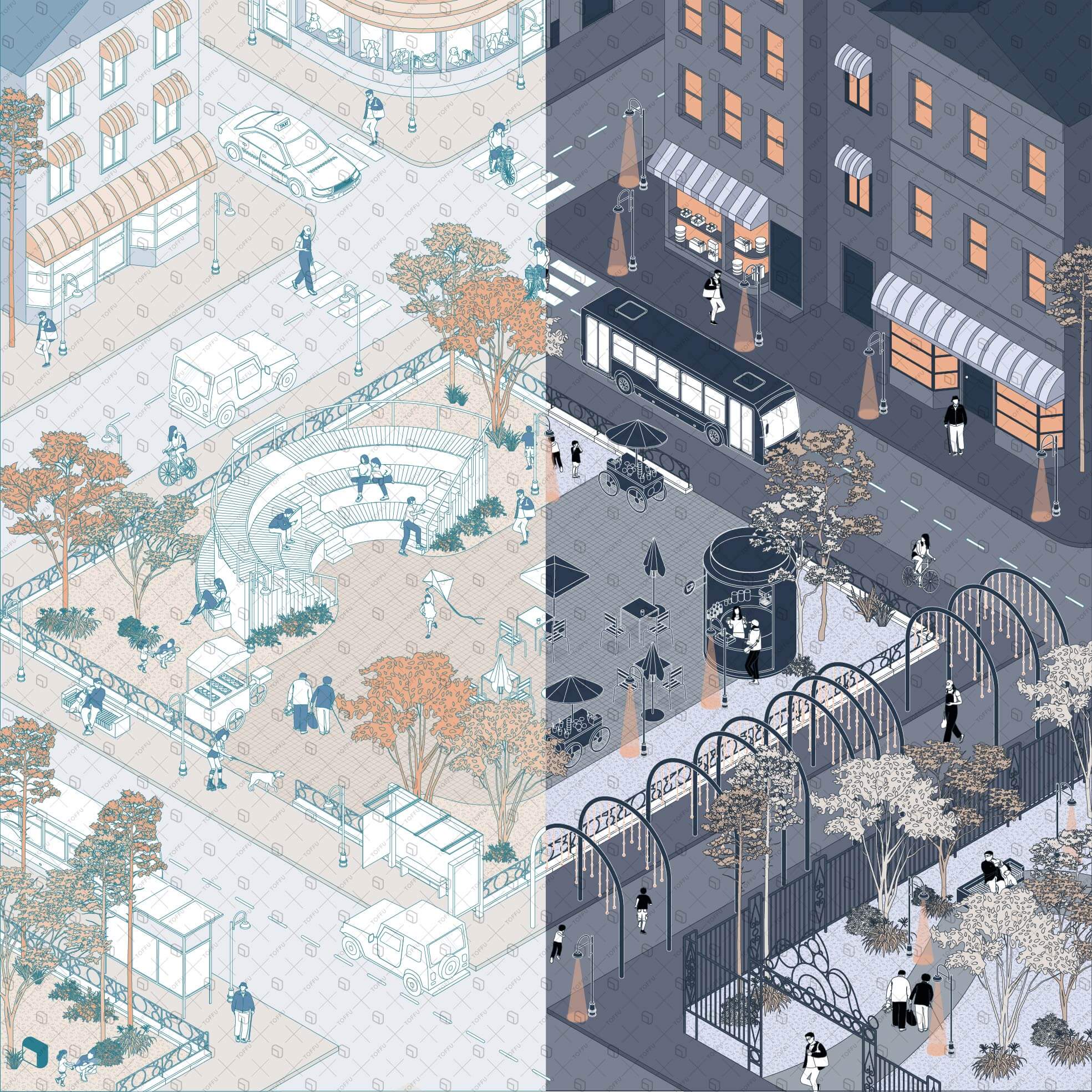 Axonometric & Flat Vector Urban Square Creative Content Bundle Digital Artwork drawings | Toffu Co