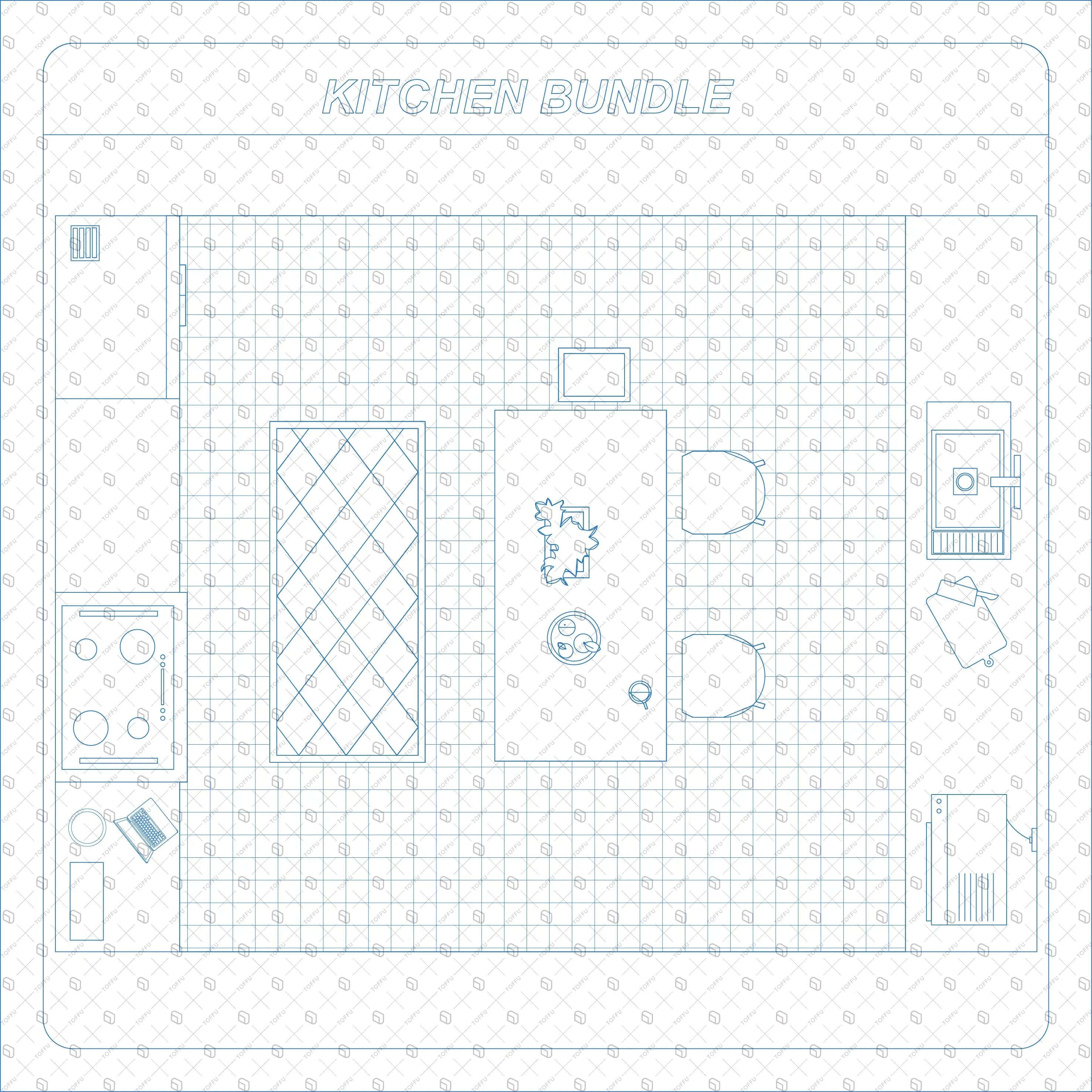 Flat Vector Kitchen Furniture Clutter and Plans Digital Artwork drawings | Toffu Co