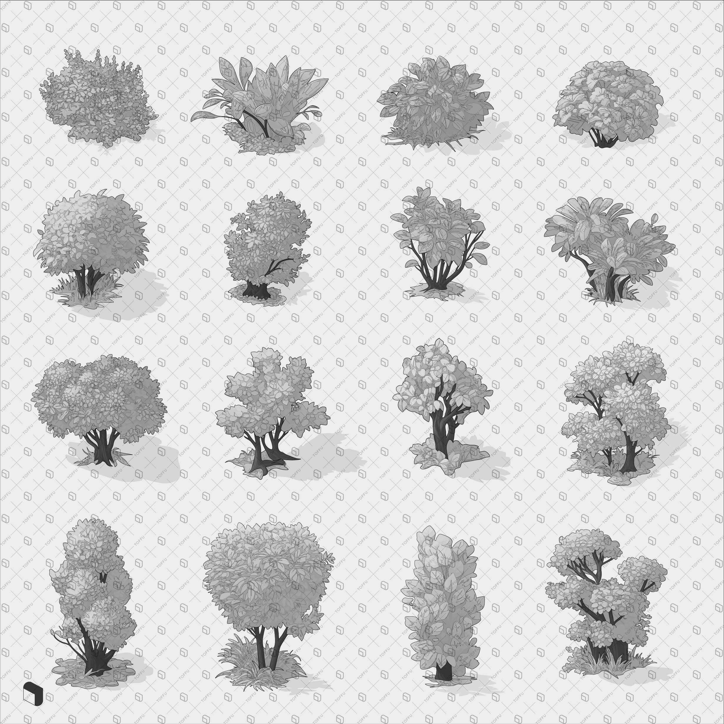 Axonometric Cad & Cutout Bush Silhouettes Digital Artwork drawings | Toffu Co