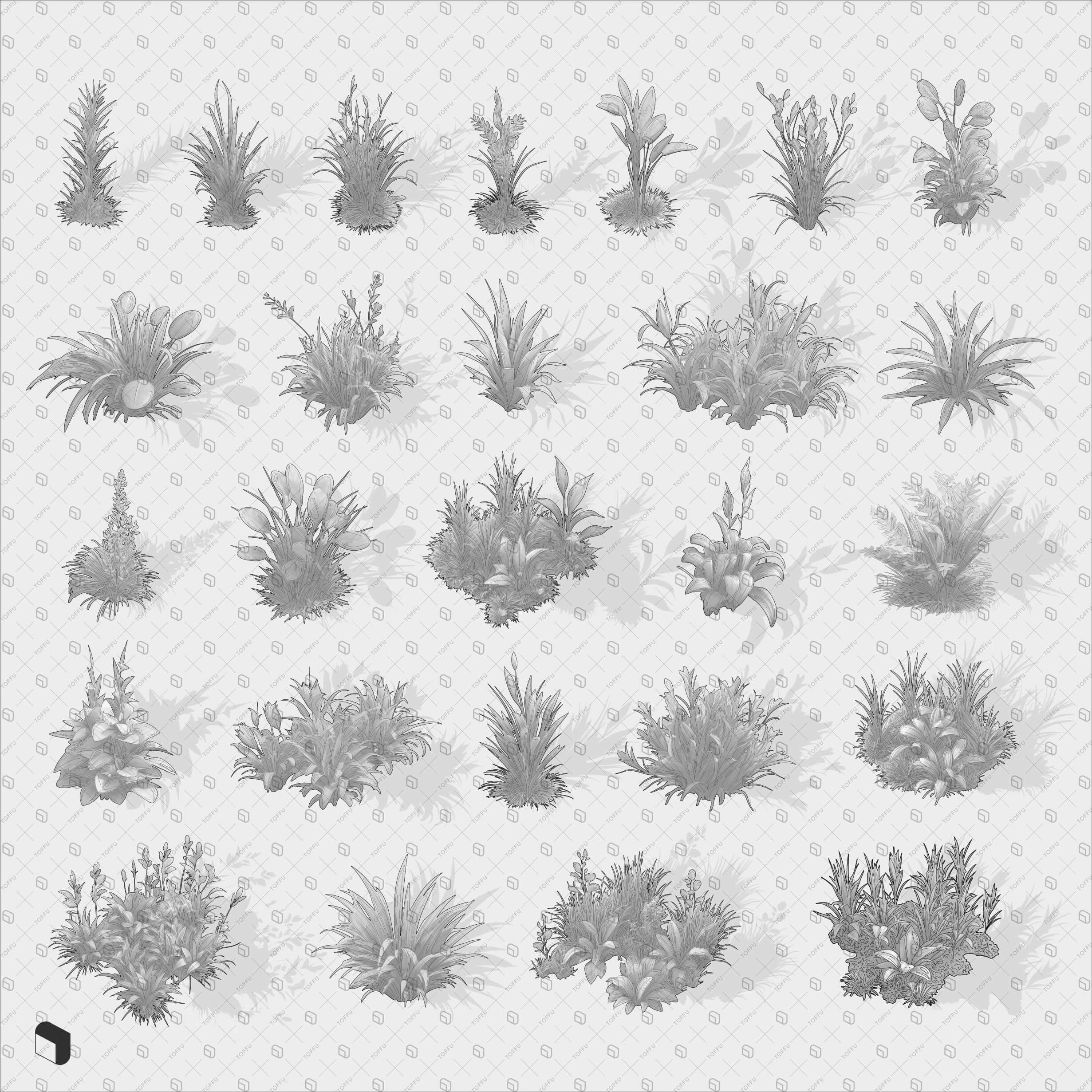 Axonometric Cad & Cutout Plants and Grass Silhouettes Digital Artwork drawings | Toffu Co