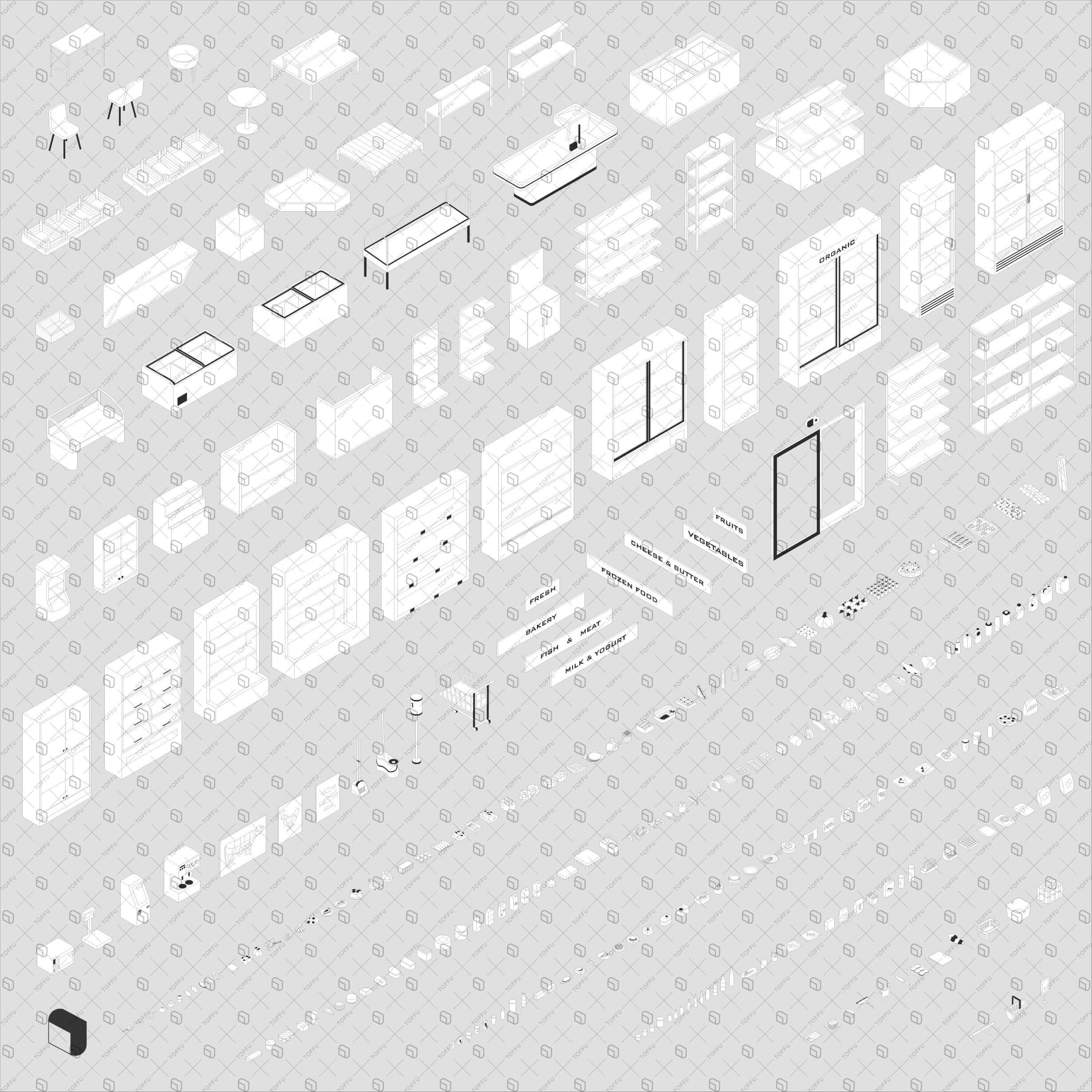 Axonometric Cad Grocery Setups Digital Artwork drawings | Toffu Co