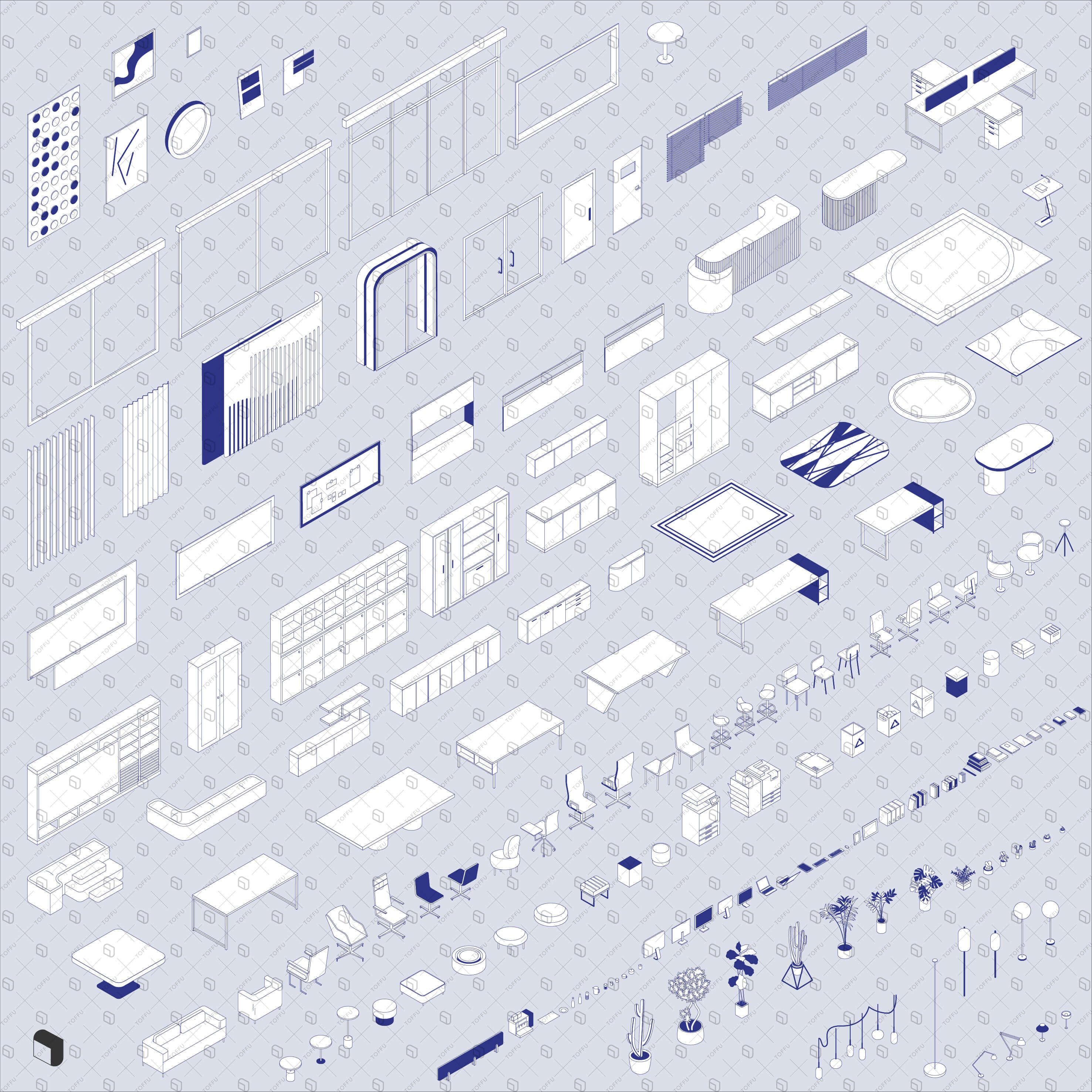 Axonometric Cad Office Setups Digital Artwork drawings | Toffu Co