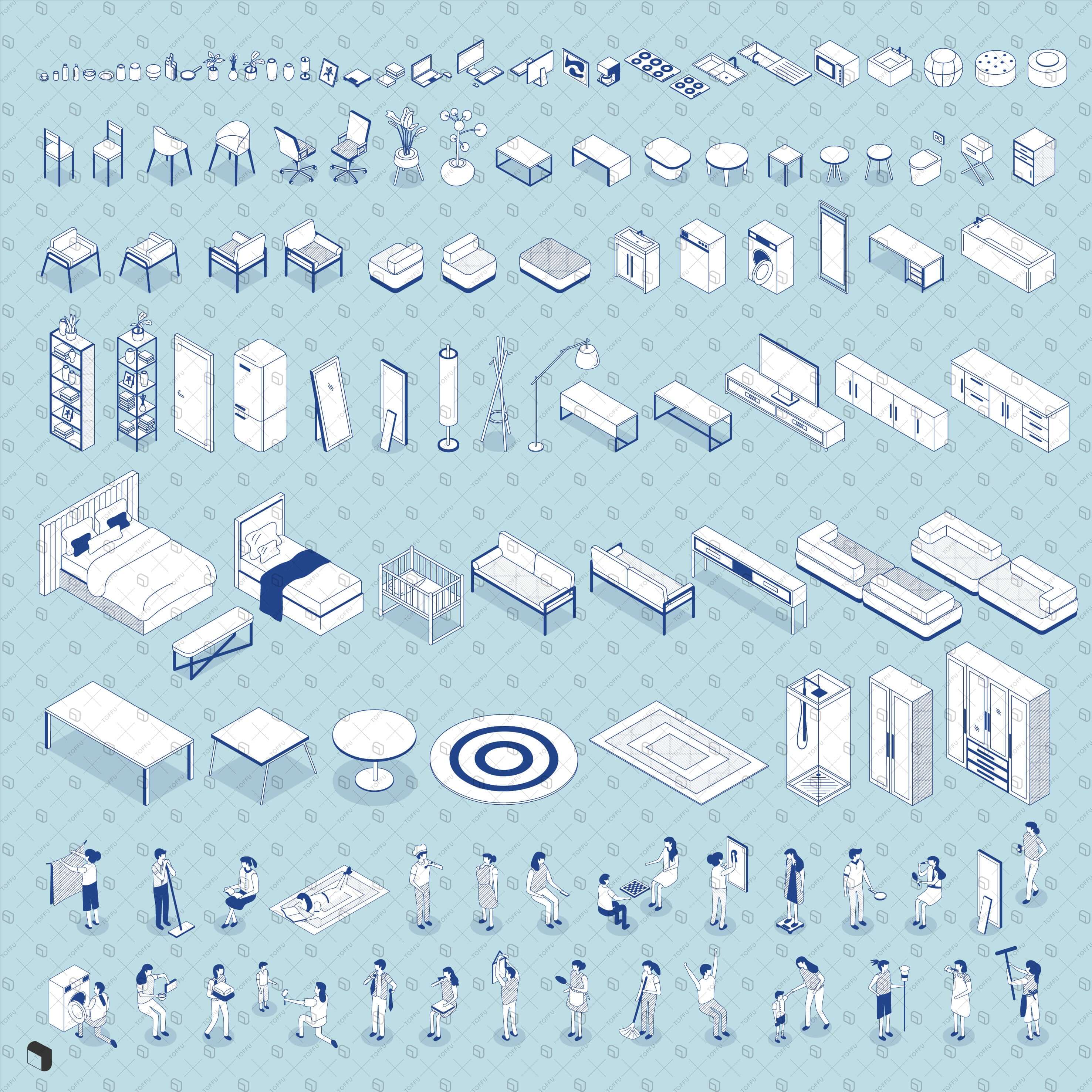Axonometric Cad Tiny Home People & Furniture Digital Artwork drawings | Toffu Co