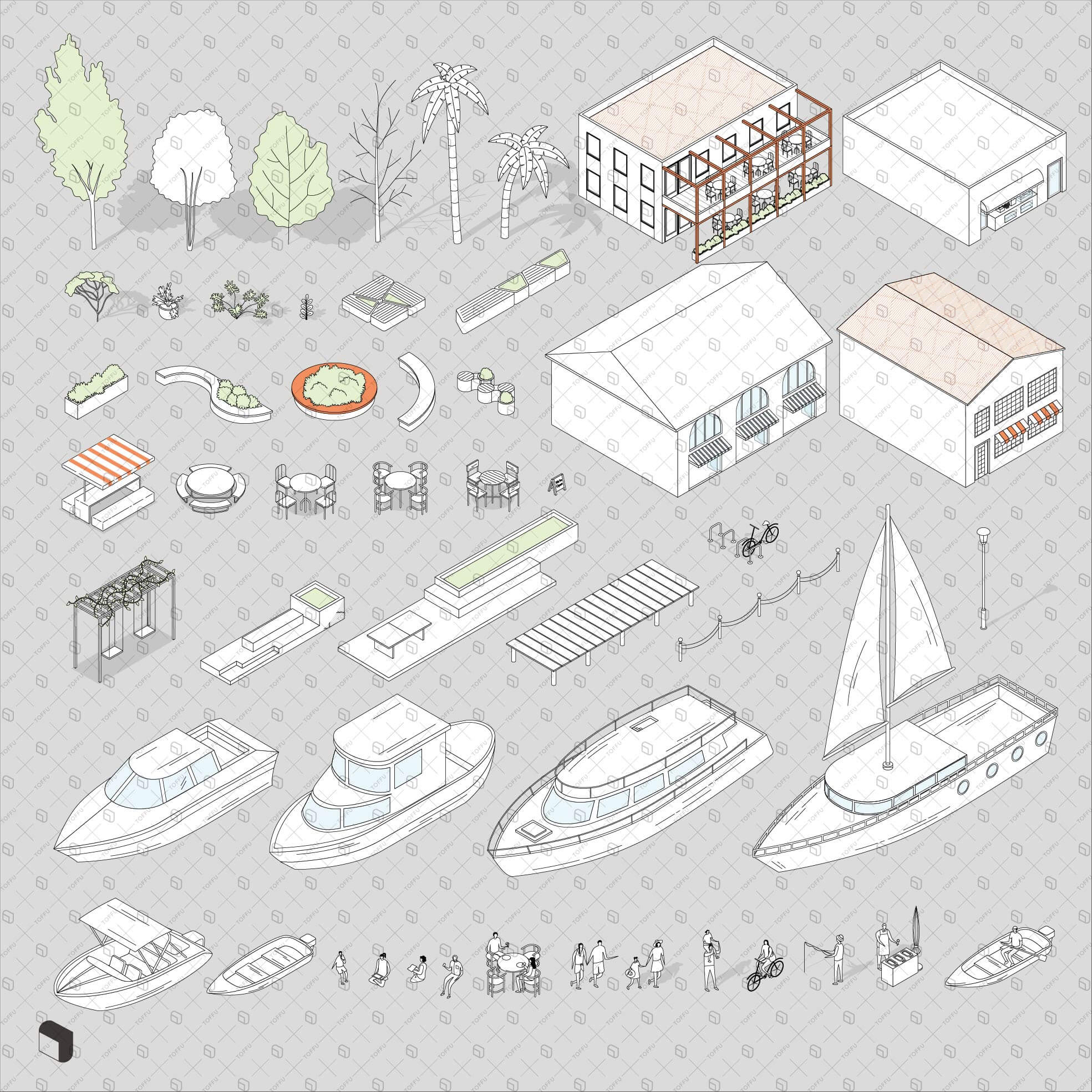 Axonometric Sketch Harbor Digital Artwork drawings | Toffu Co