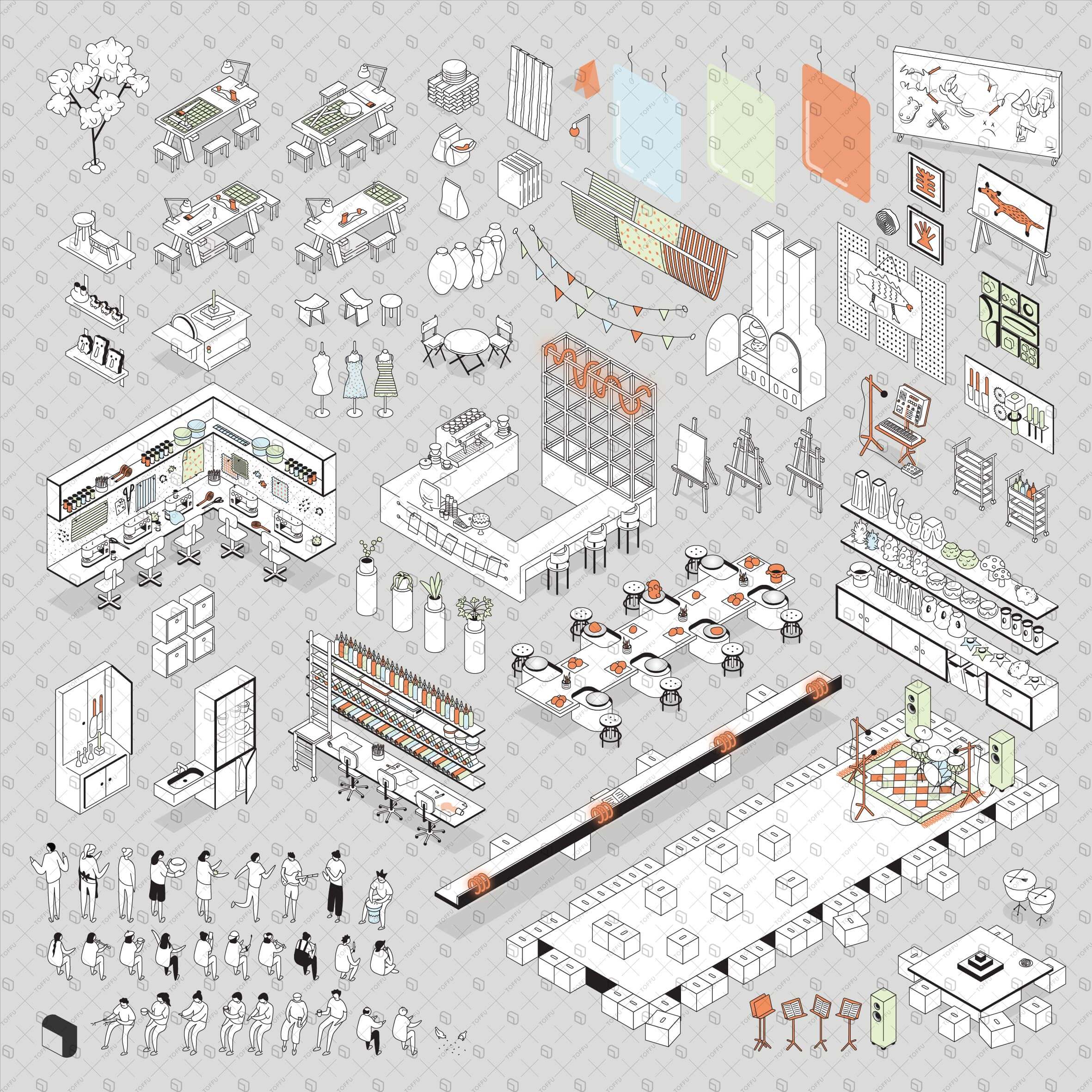 Axonometric Sketch Workshop Center Digital Artwork drawings | Toffu Co