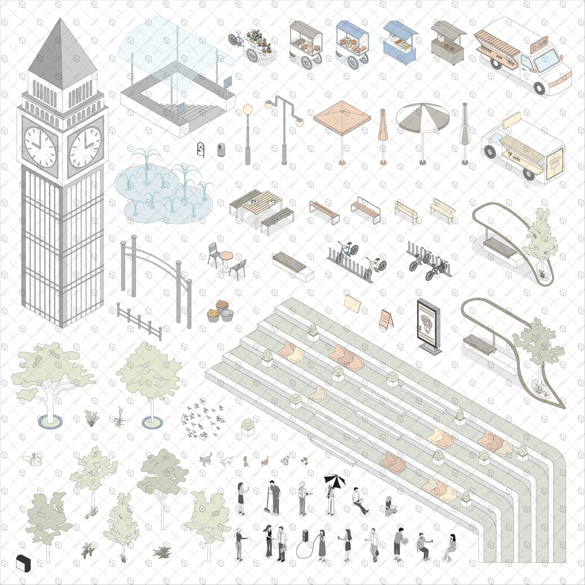 Axonometric City Square Zone Digital Artwork drawings | Toffu Co