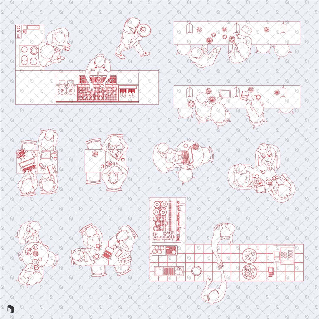 Cad Freehand Cafe People Top View 2 Digital Artwork drawings | Toffu Co
