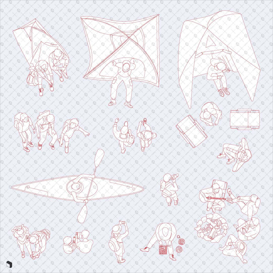 Cad Freehand Camping People Top View Digital Artwork drawings | Toffu Co