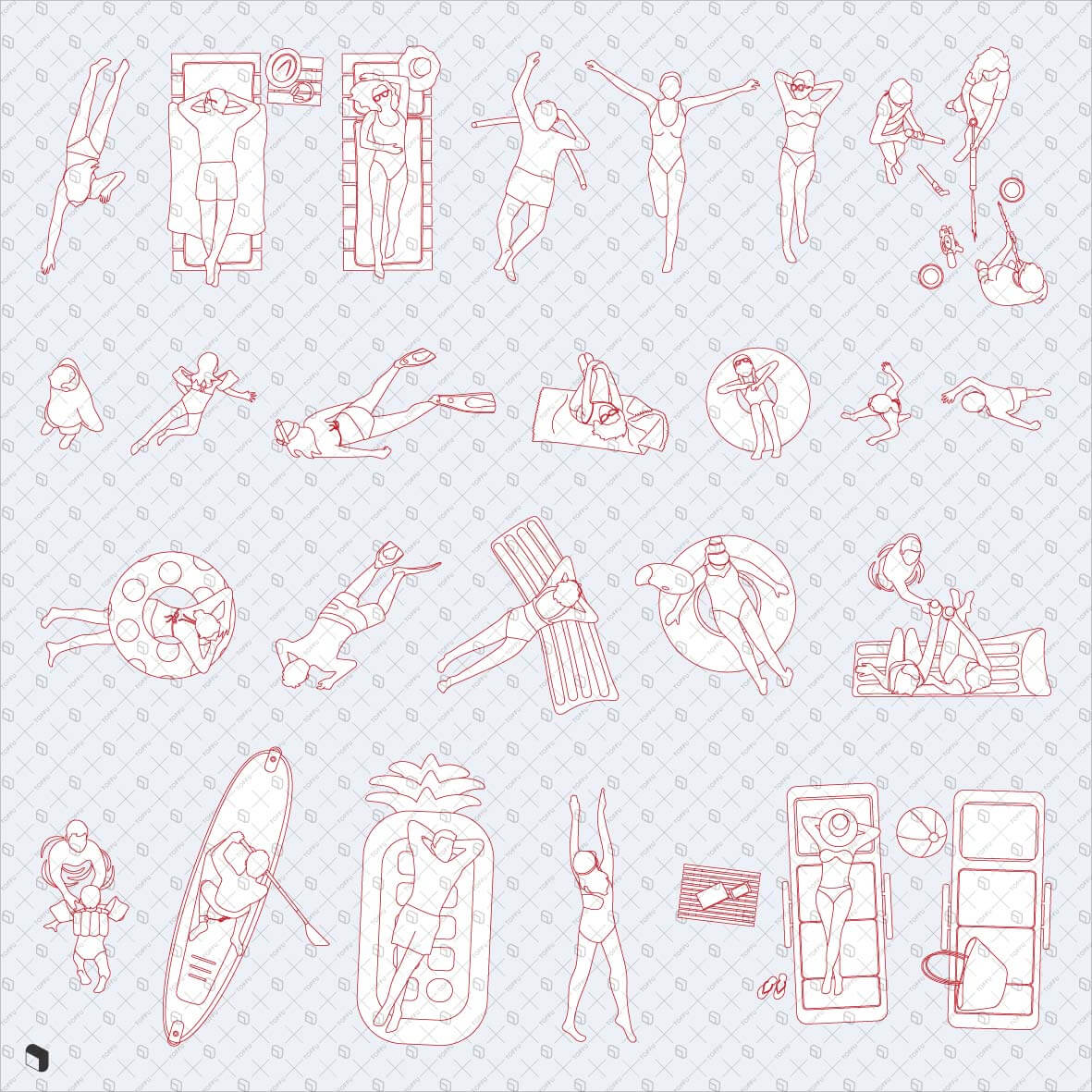 Cad Freehand Summer People Top View Digital Artwork drawings | Toffu Co