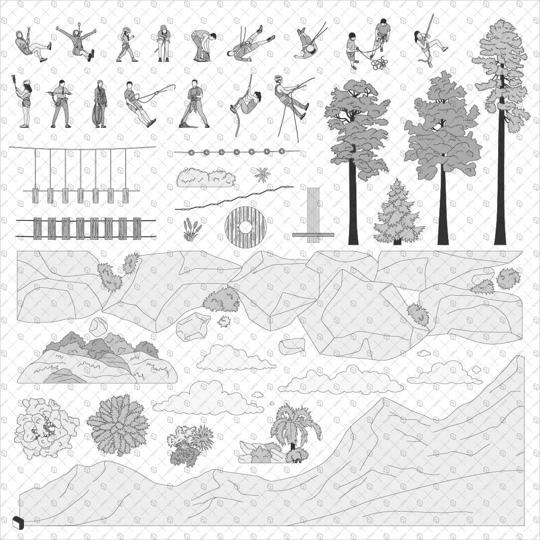 Cad Monochrome Adventure Park Section & Top View Digital Artwork drawings | Toffu Co