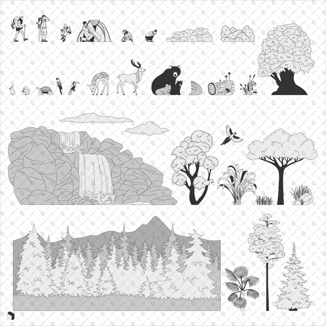 Cad Monochrome Forest Section Digital Artwork drawings | Toffu Co