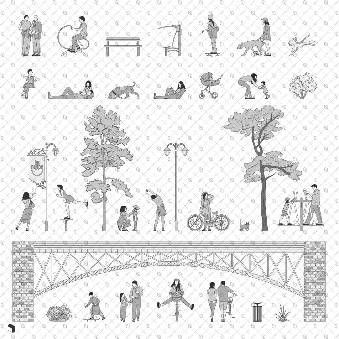 Cad Monochrome Public Park Section Digital Artwork drawings | Toffu Co