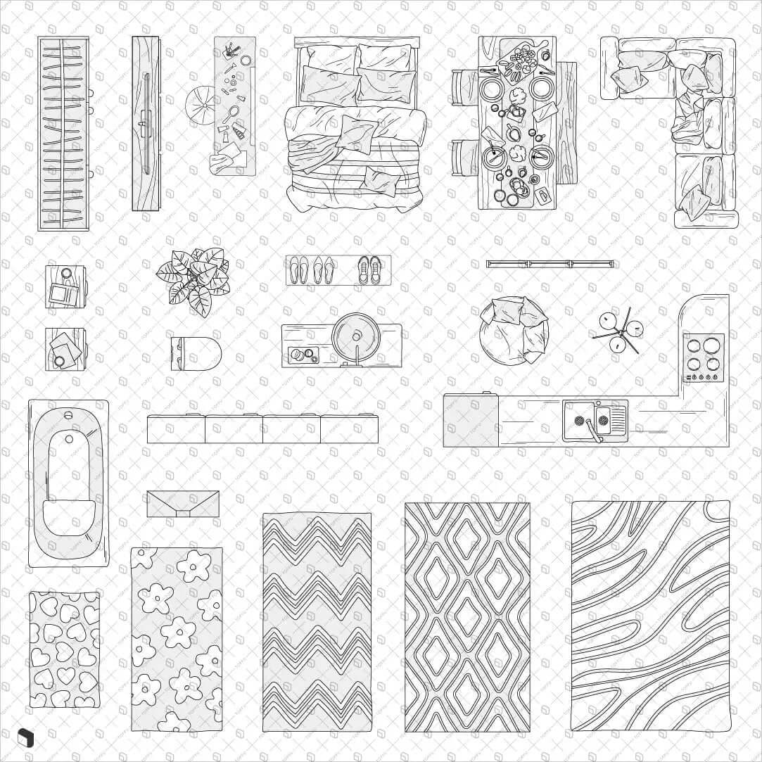 Cad Sketch House Furniture Top View Digital Artwork drawings | Toffu Co