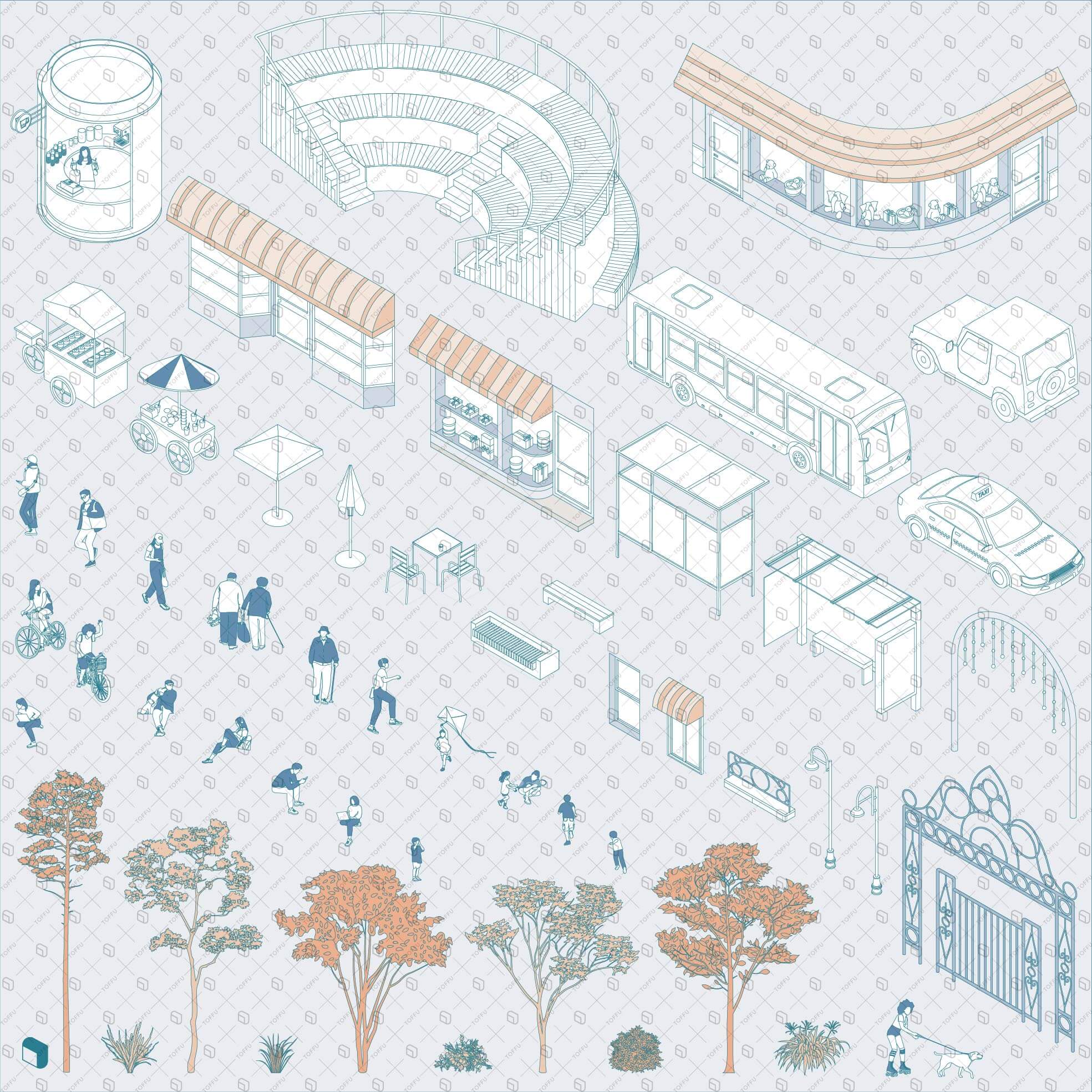 Axonometric & Flat Vector Urban Square Creative Content Bundle Digital Artwork drawings | Toffu Co