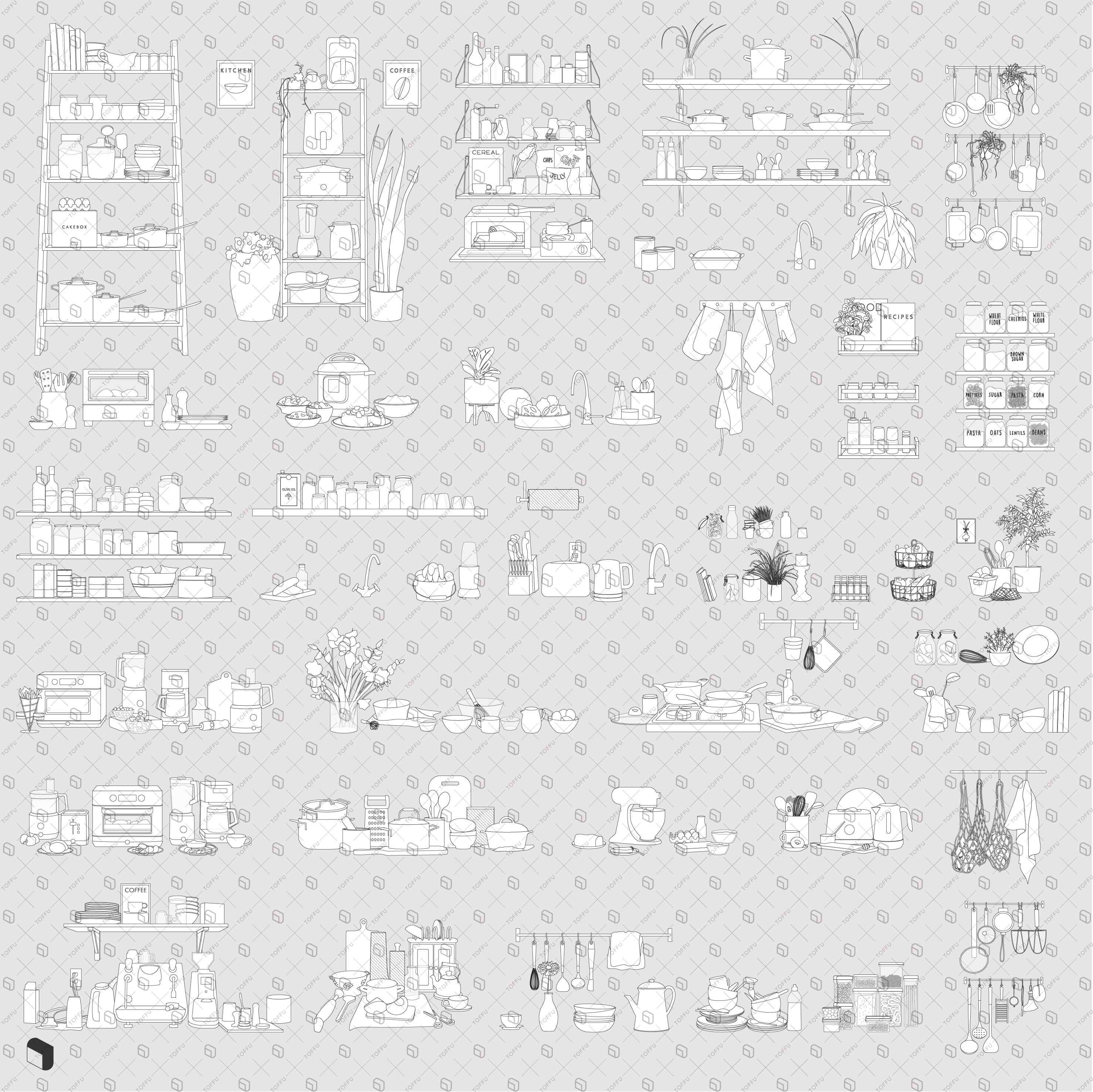 Flat Vector Kitchen Detailed Objects Digital Artwork drawings | Toffu Co