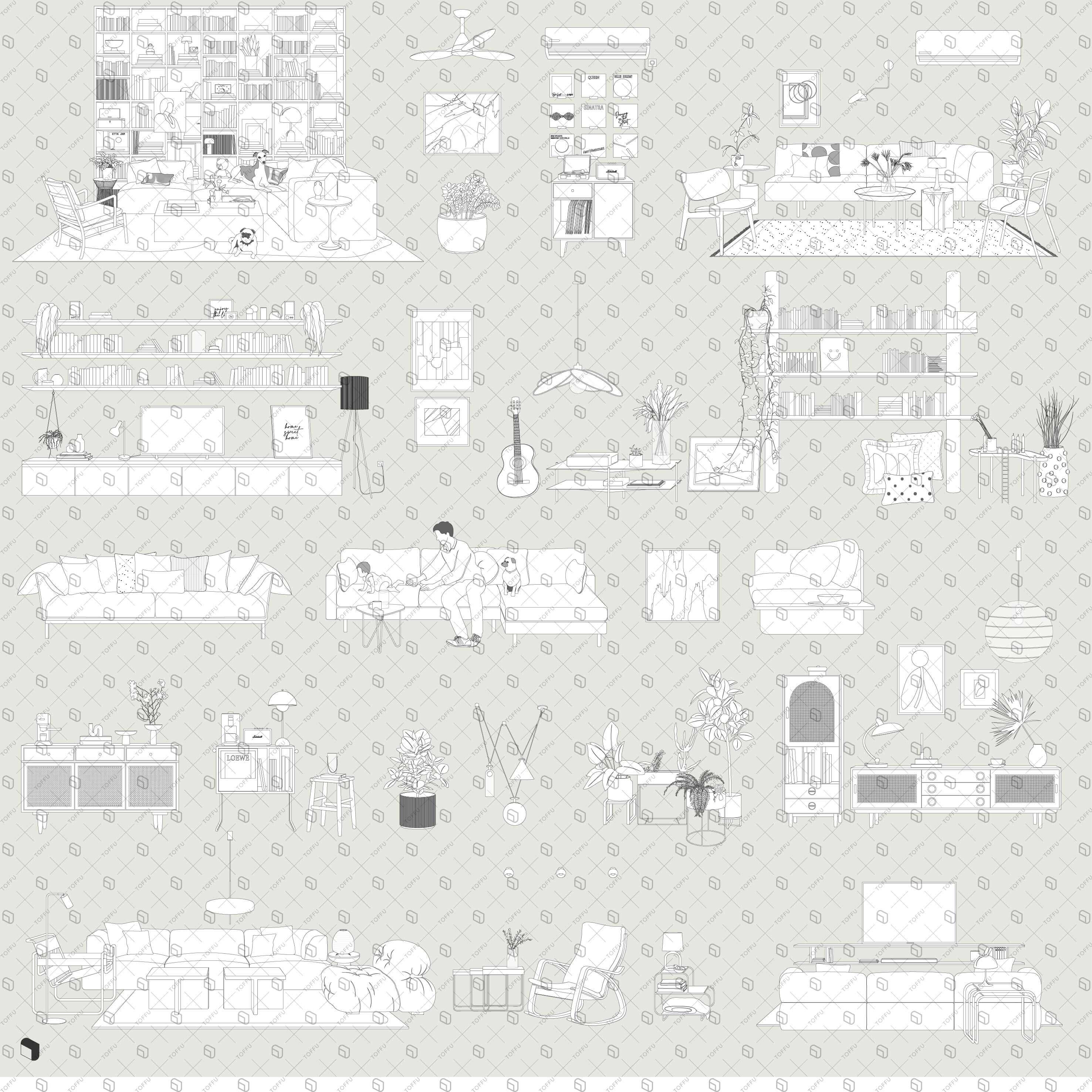 Flat Vector Living Room Furniture 2 Digital Artwork drawings | Toffu Co
