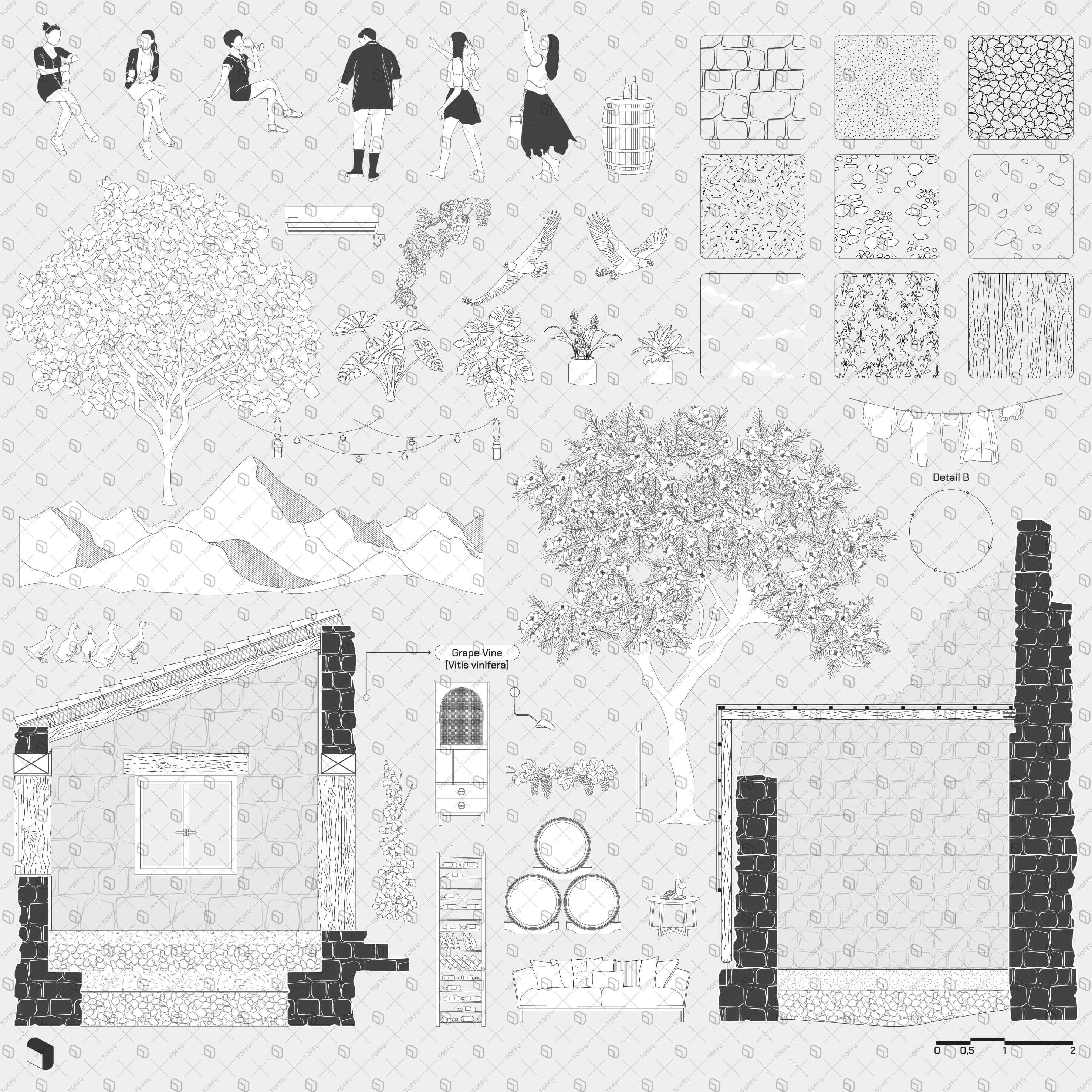 Flat Vector Stone House Detailed Section Digital Artwork drawings | Toffu Co
