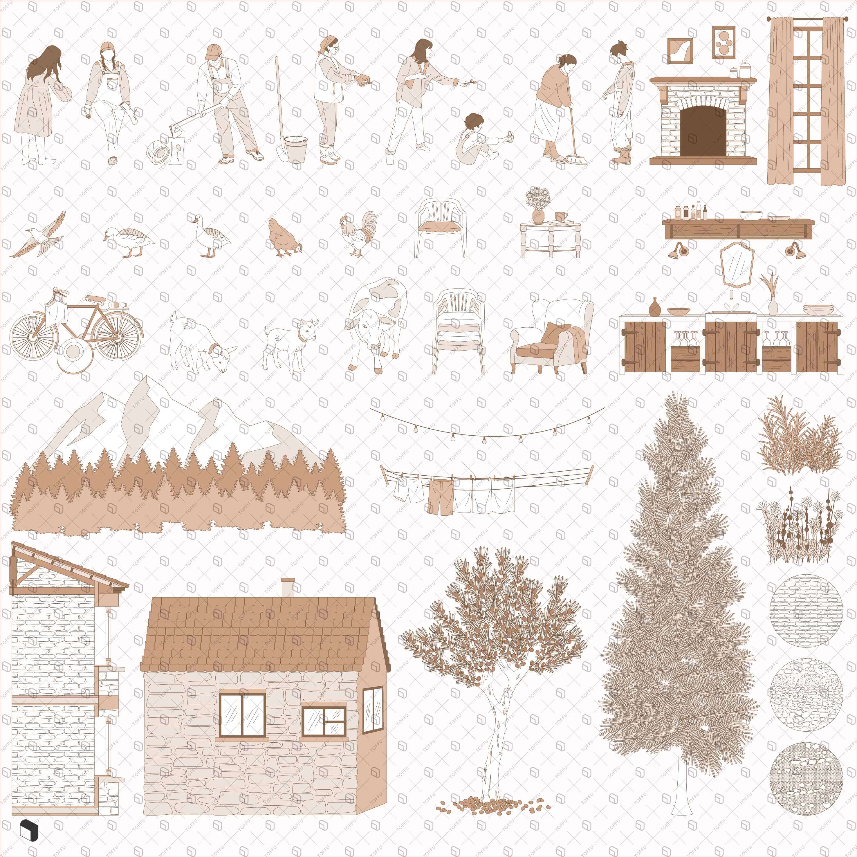 Flat Vector Rural House Backyard Section Digital Artwork drawings | Toffu Co