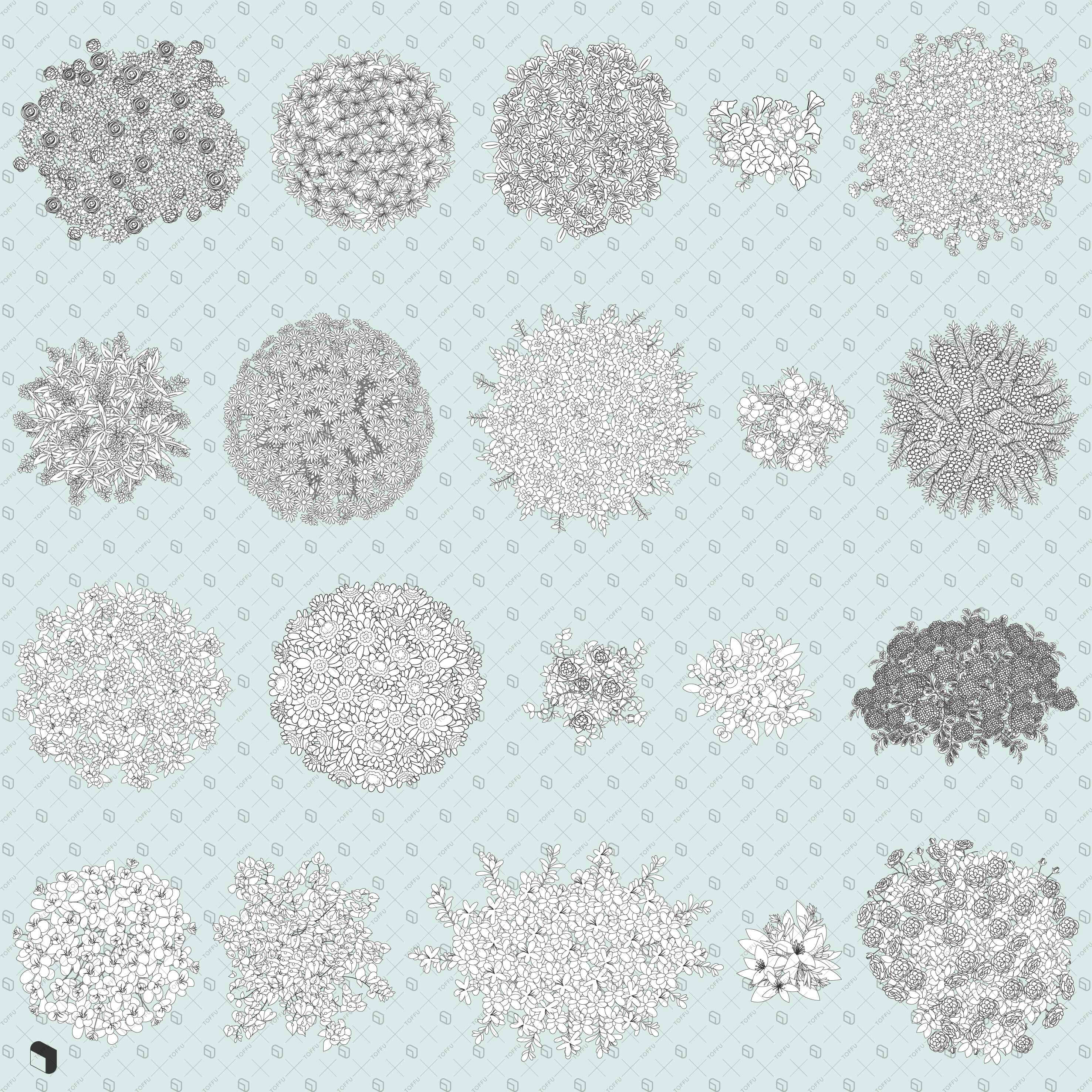 Flat Vector Flowering Plants Top View Digital Artwork drawings | Toffu Co
