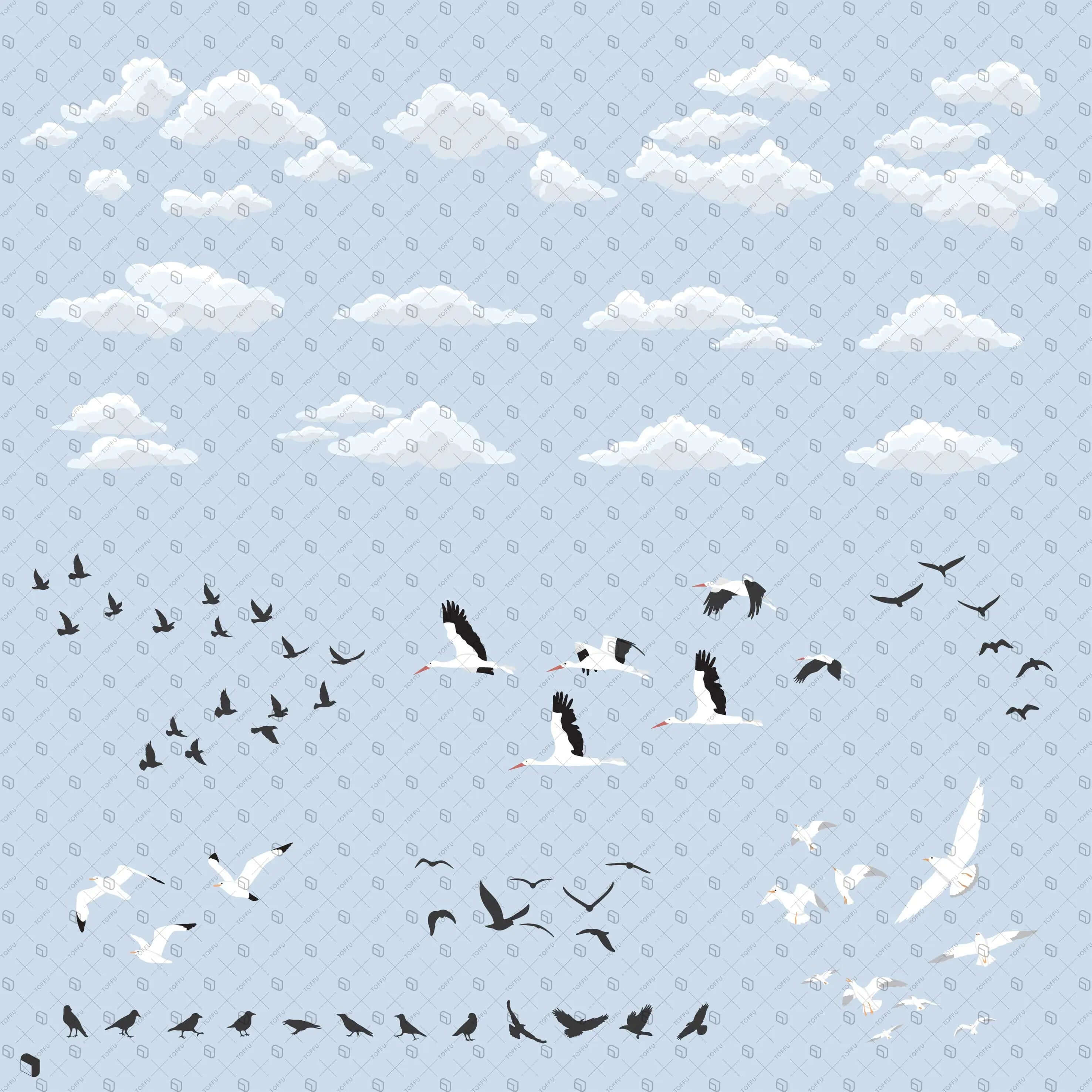 Flat Vector Clouds & Birds Digital Artwork drawings | Toffu Co