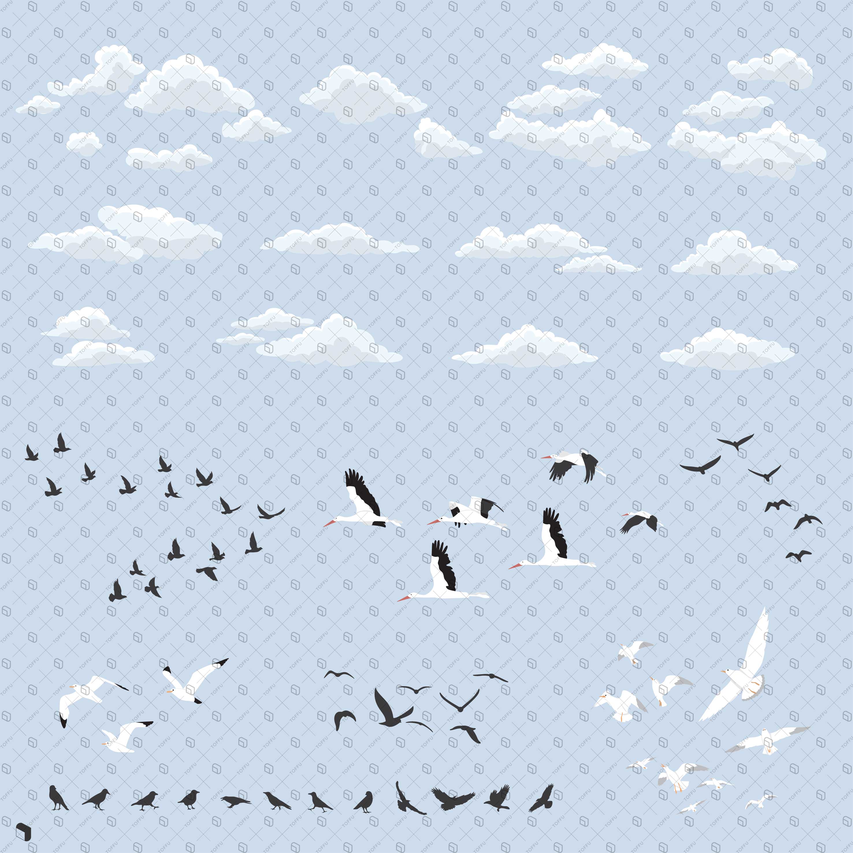 Flat Vector Clouds & Birds PNG - Toffu Co