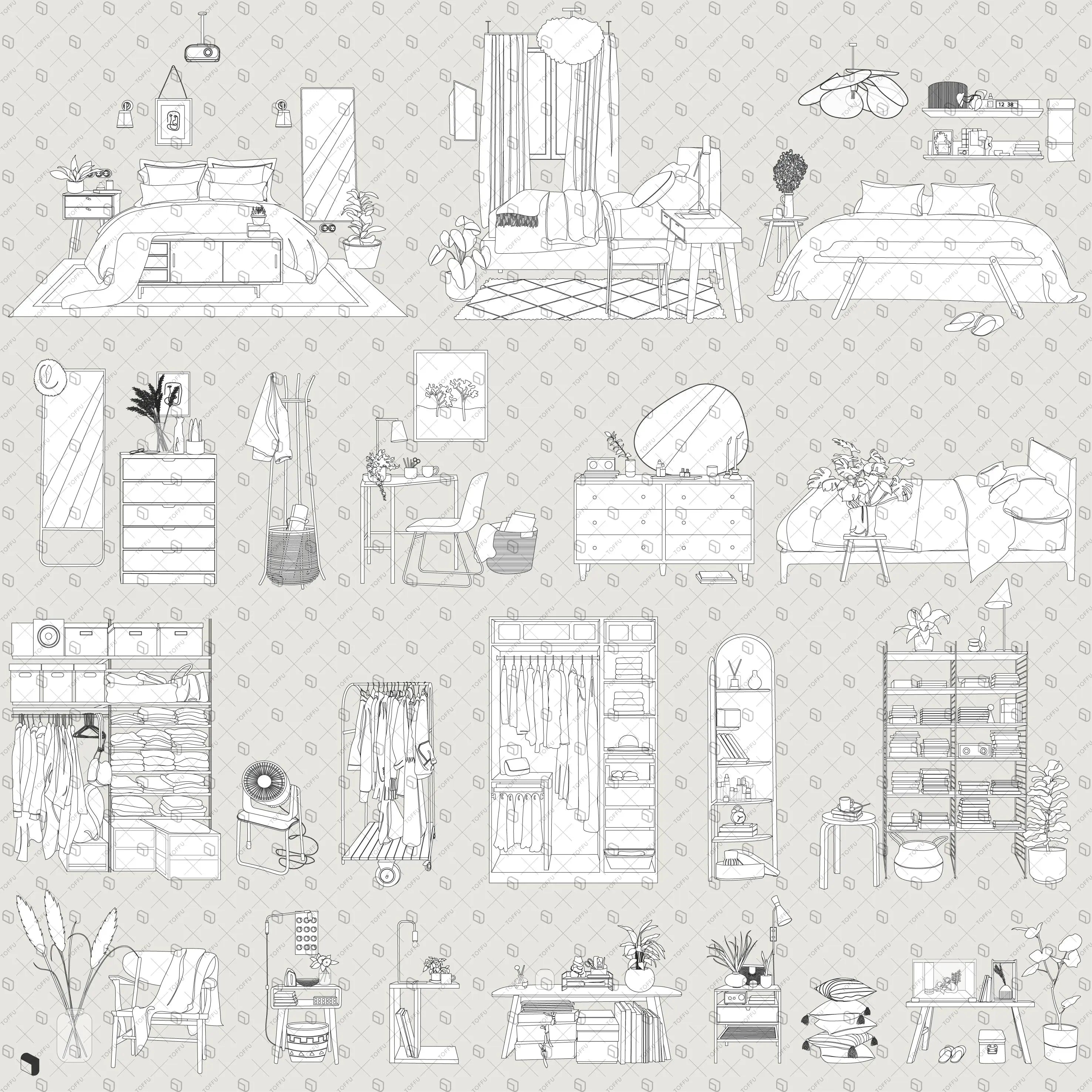 Flat Vector Bedroom Furniture Digital Artwork drawings | Toffu Co