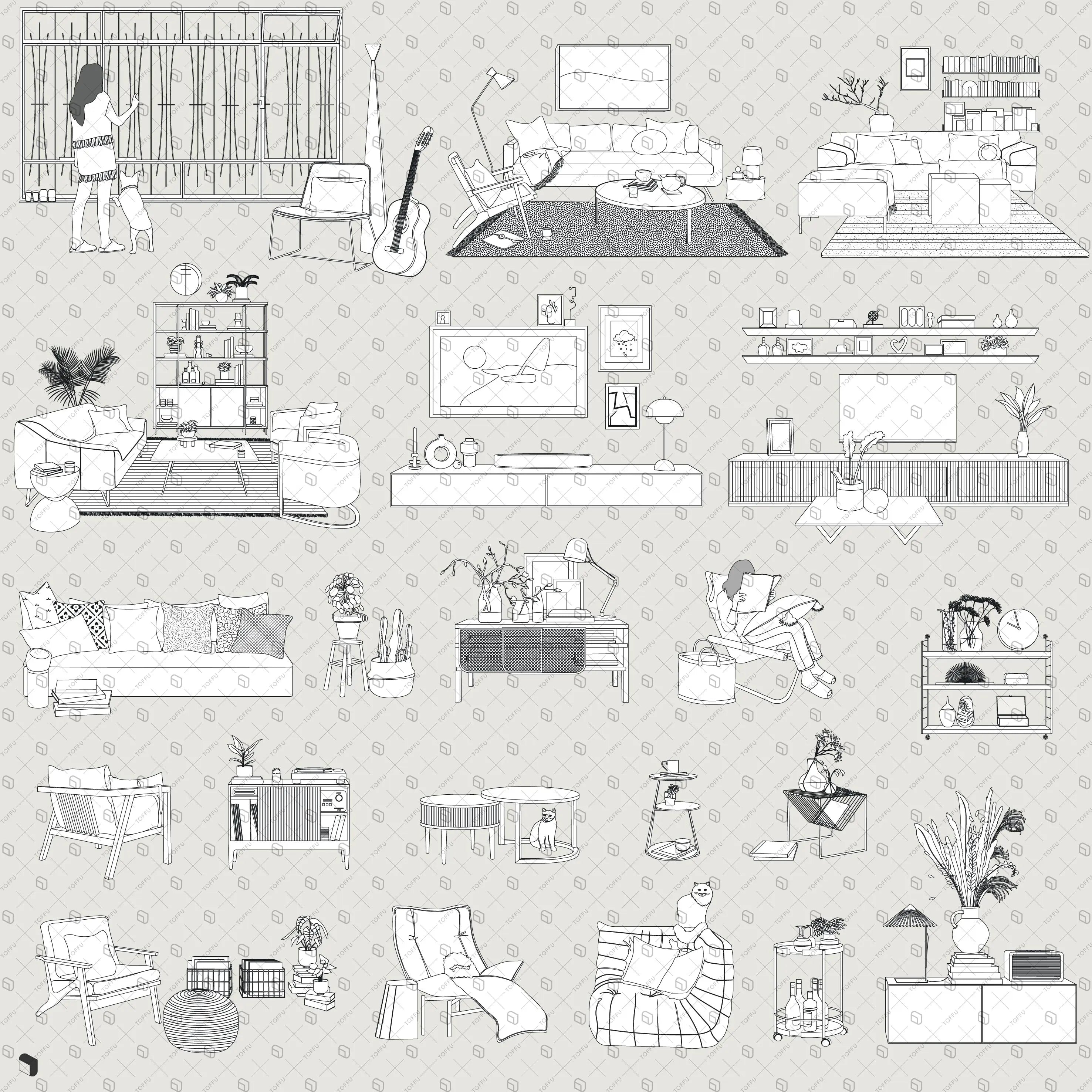 Flat Vector Living Room Furniture Digital Artwork drawings | Toffu Co