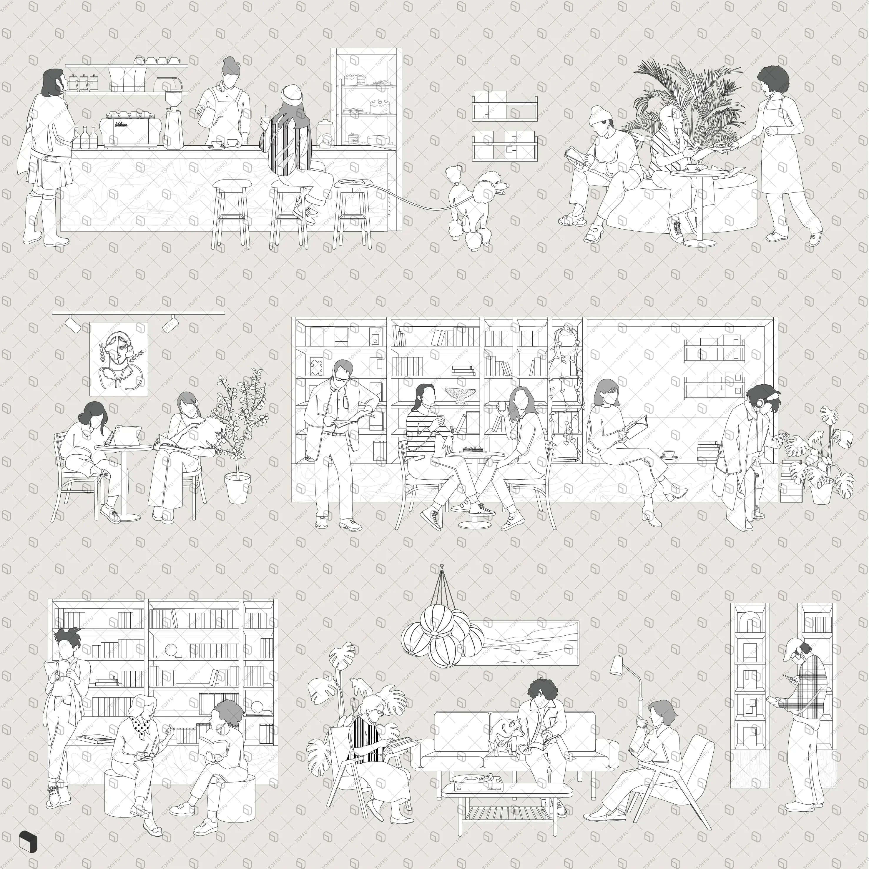 Flat Vector Book Cafe Digital Artwork drawings | Toffu Co