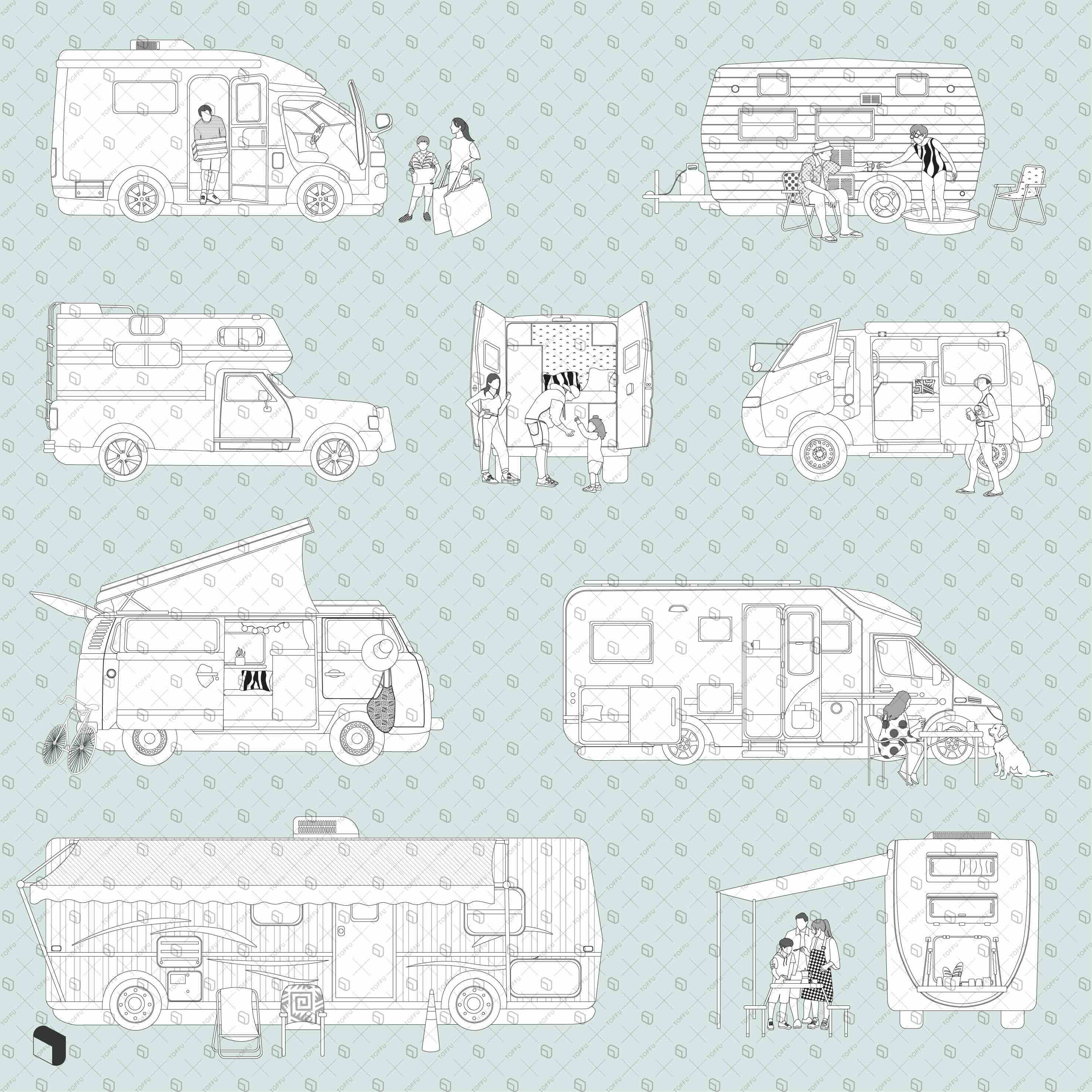 Flat Vector Camper Van Digital Artwork drawings | Toffu Co