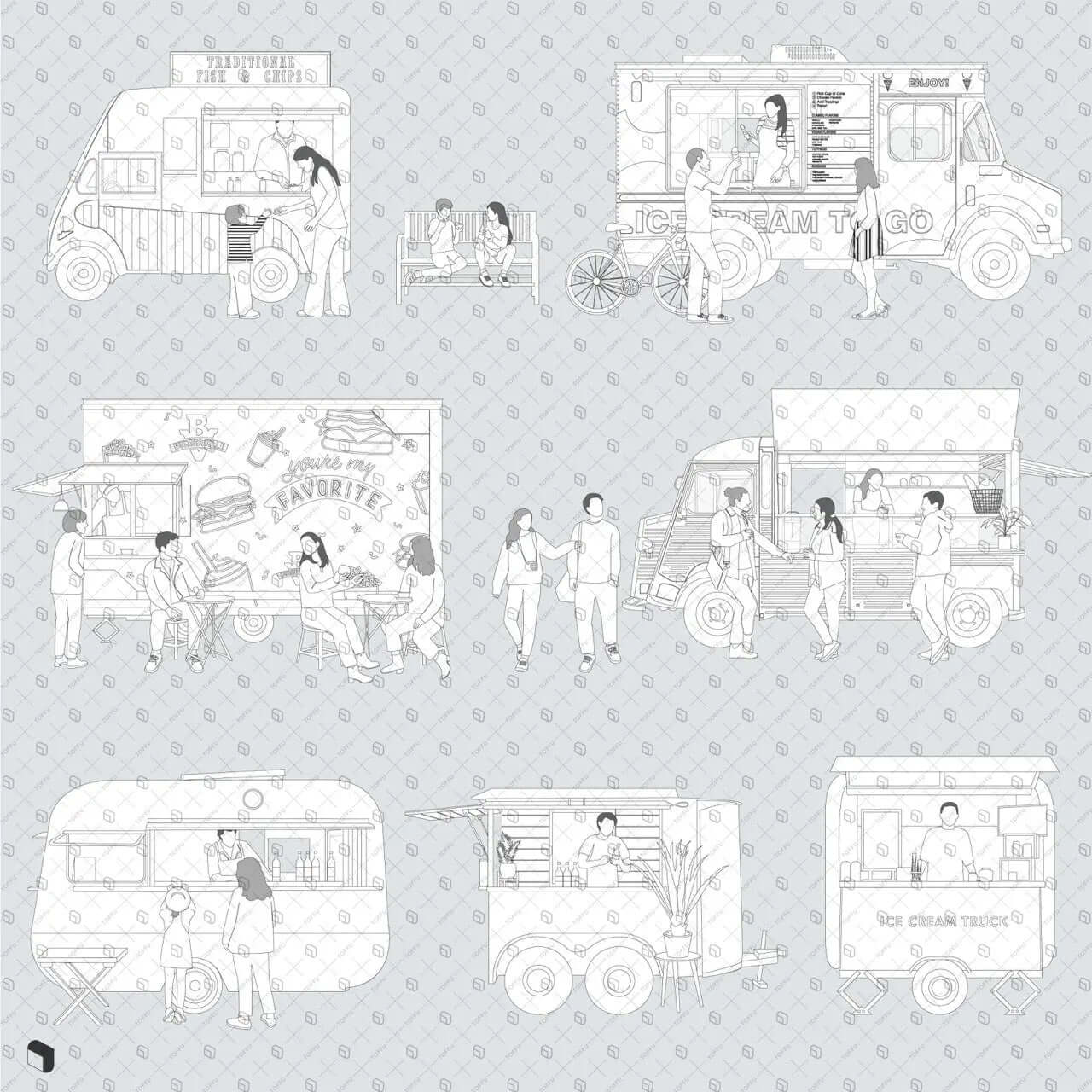 Flat Vector Food Trucks Digital Artwork drawings | Toffu Co