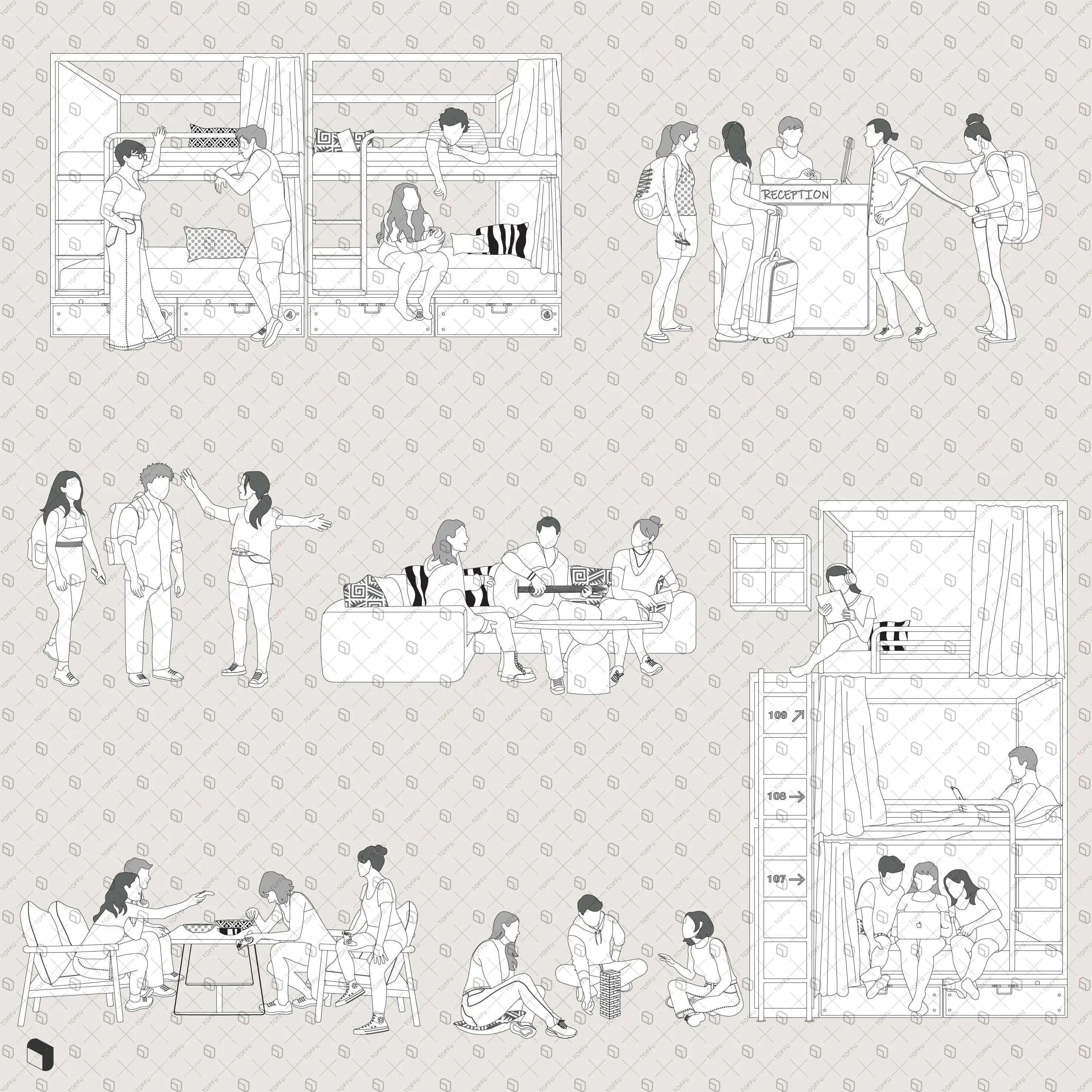 Flat Vector Hostel People Digital Artwork drawings | Toffu Co