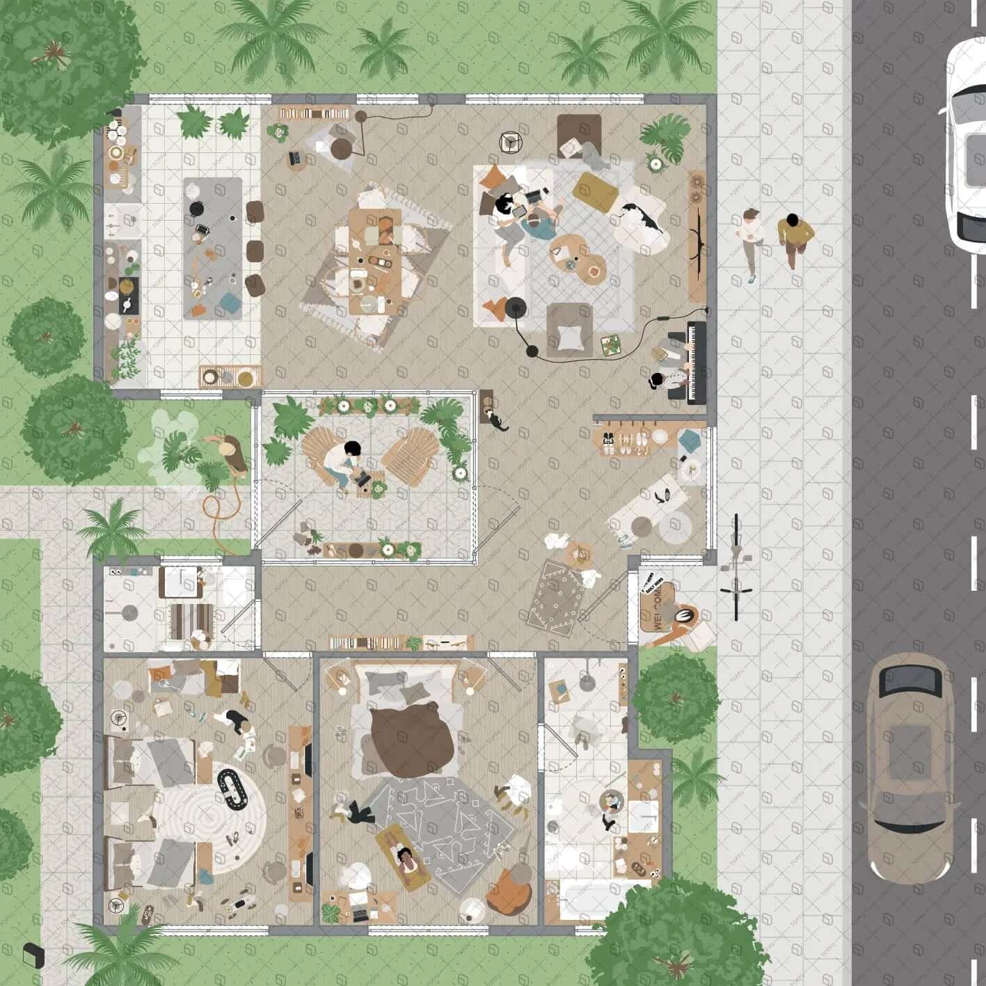 Flat Vector House Plan Top View Digital Artwork drawings | Toffu Co
