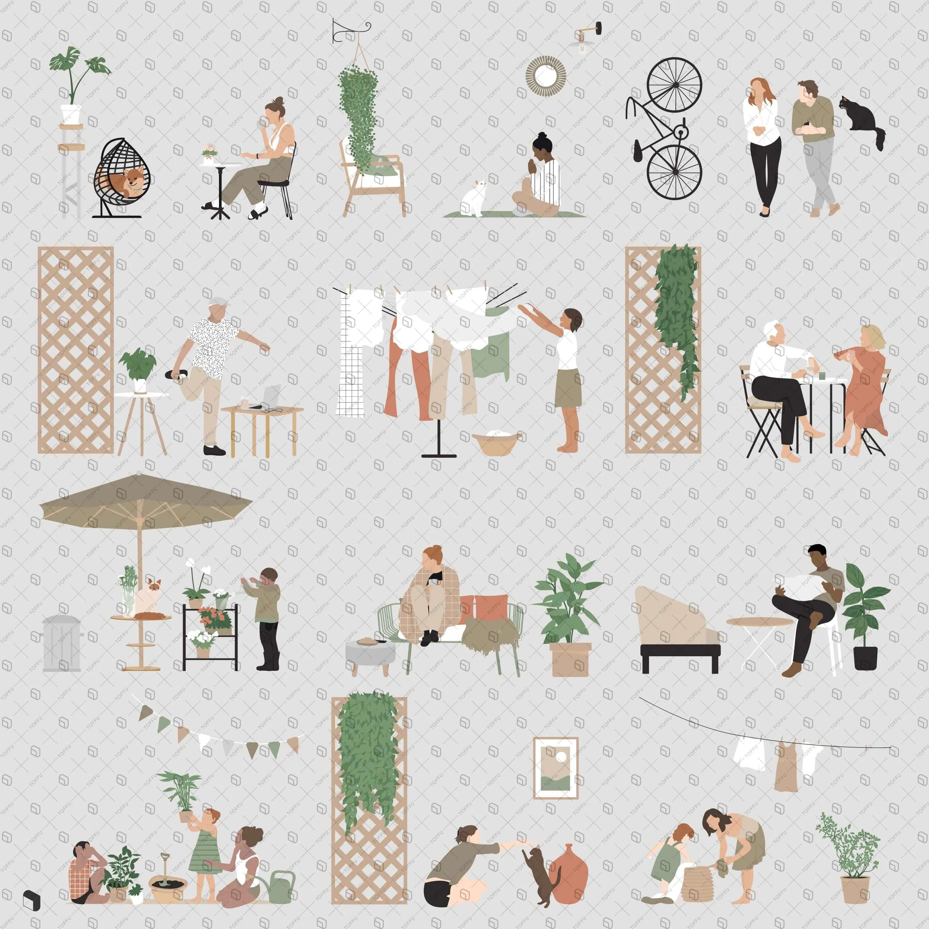 Flat Vector Terrace People and Furniture Digital Artwork drawings | Toffu Co