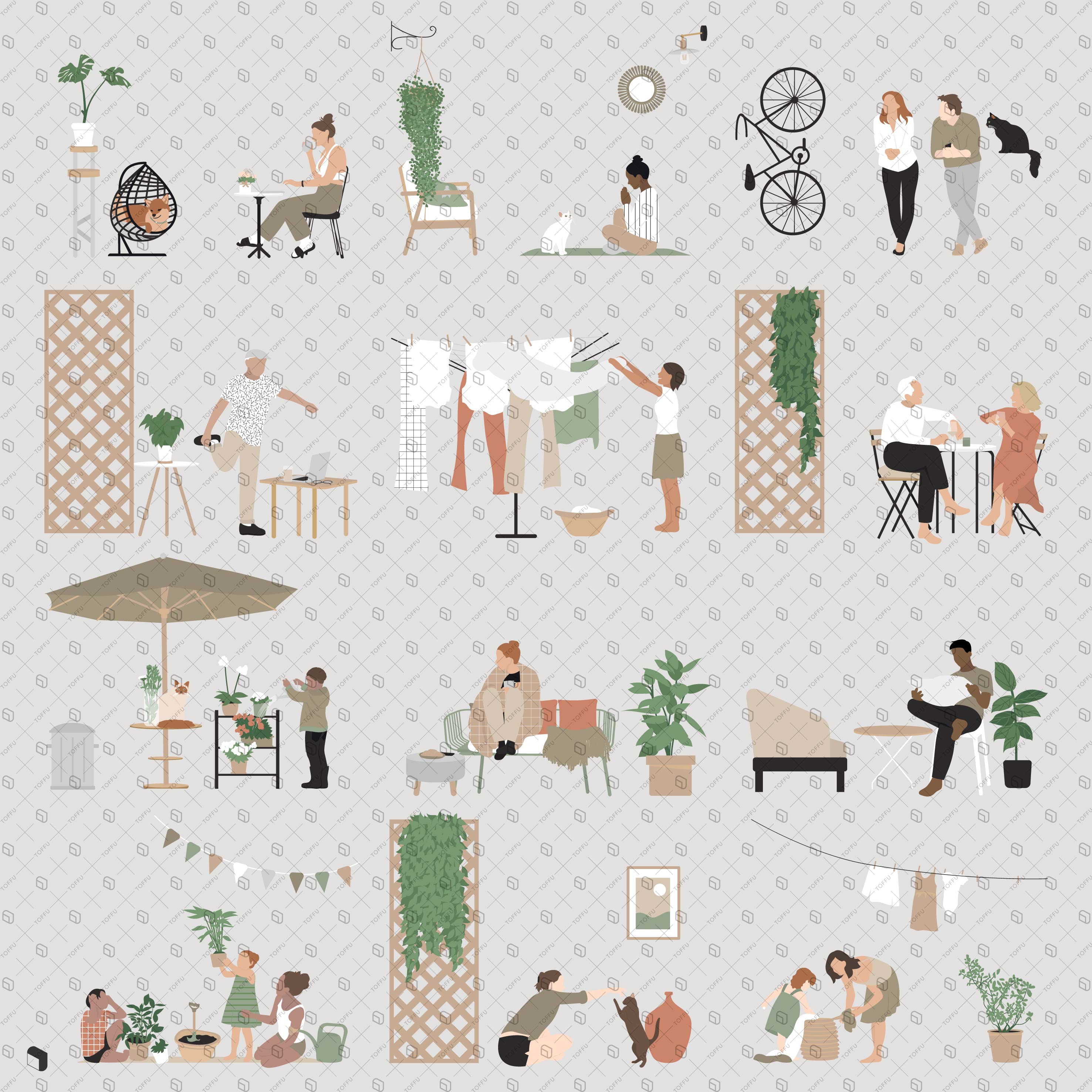 Flat Vector Terrace People and Furniture PNG - Toffu Co