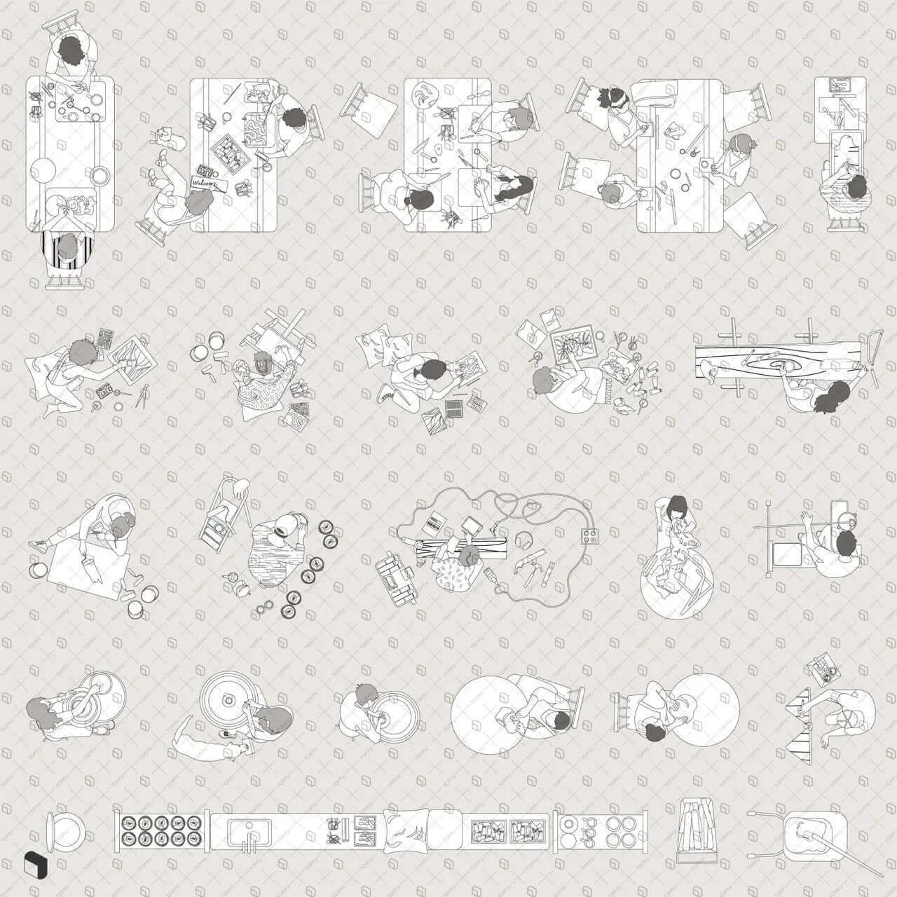 Flat Vector Workshop Setups Top View Digital Artwork drawings | Toffu Co