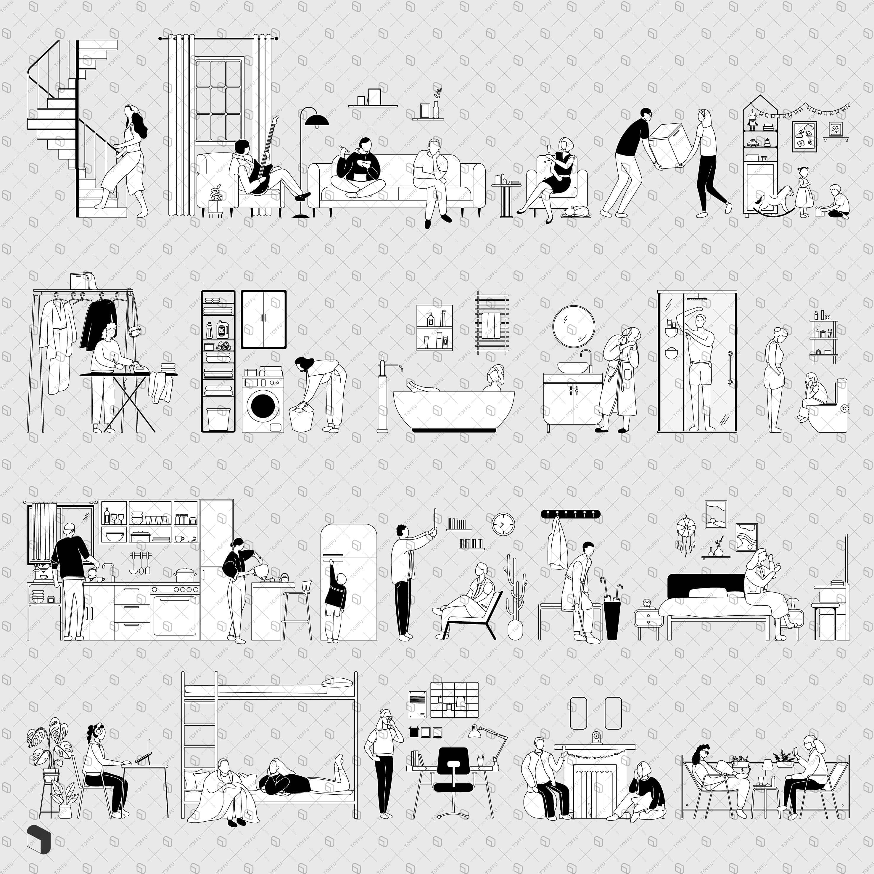 Flat Vector Tiny Home People & Furniture Digital Artwork drawings | Toffu Co