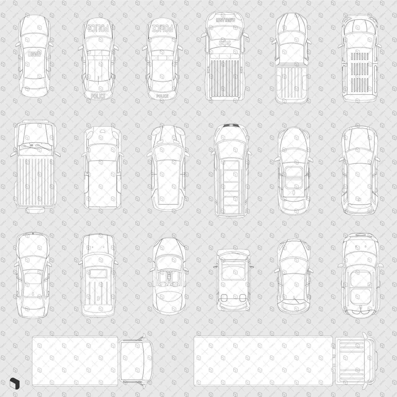 Flat Vector Vehicles Top View Digital Artwork drawings | Toffu Co