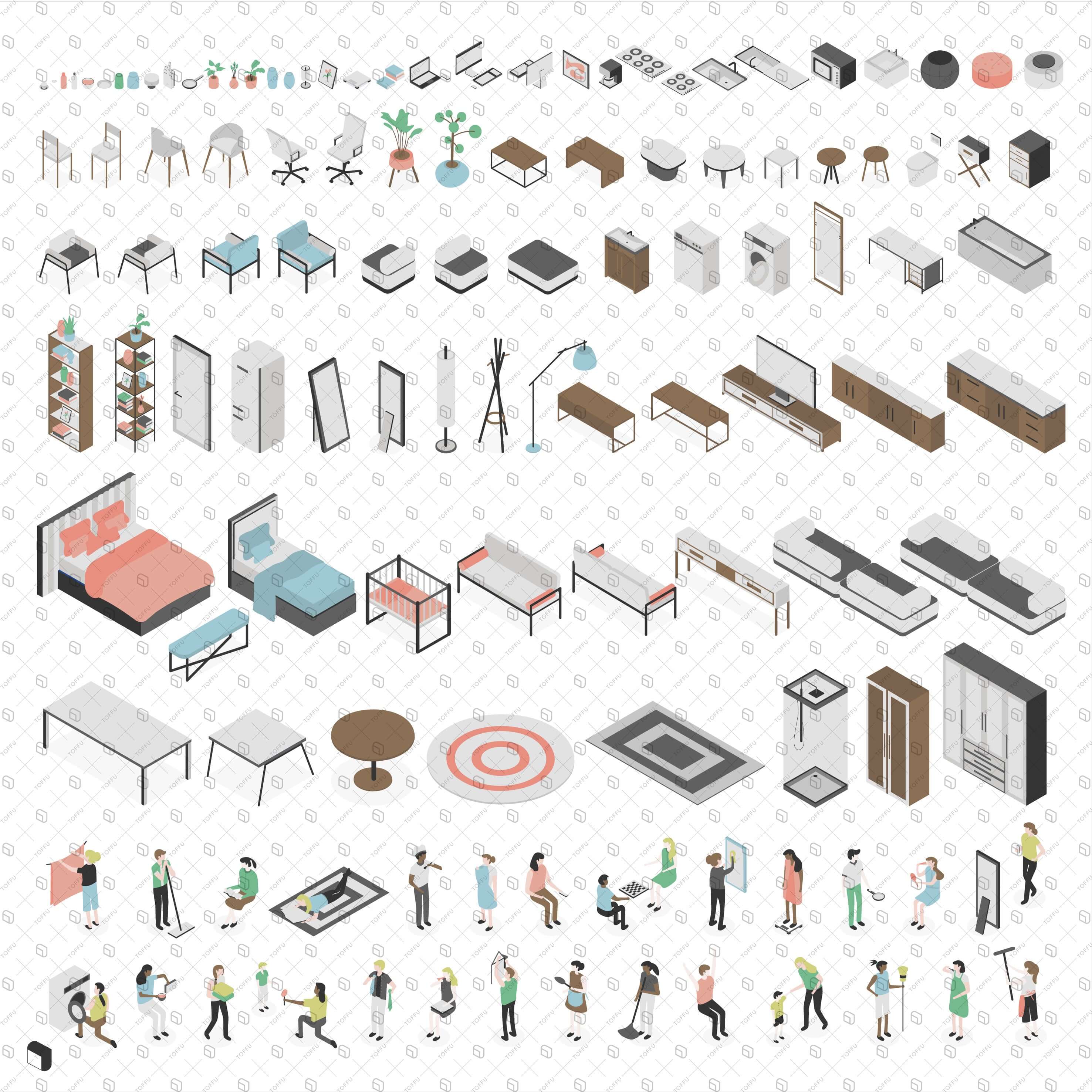 Axonometric Cad Tiny Home People & Furniture Digital Artwork drawings | Toffu Co