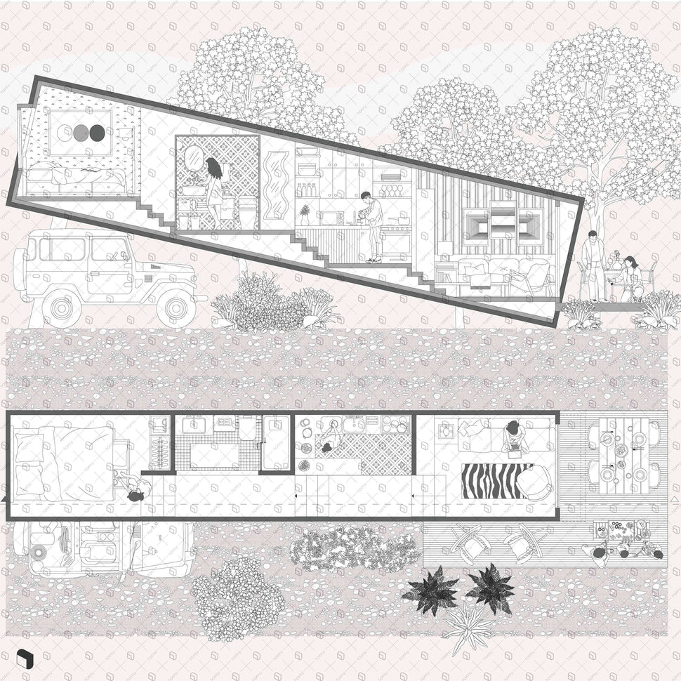 Container Section. Model Flat Vector Container House Section & Plan | Toffu Co