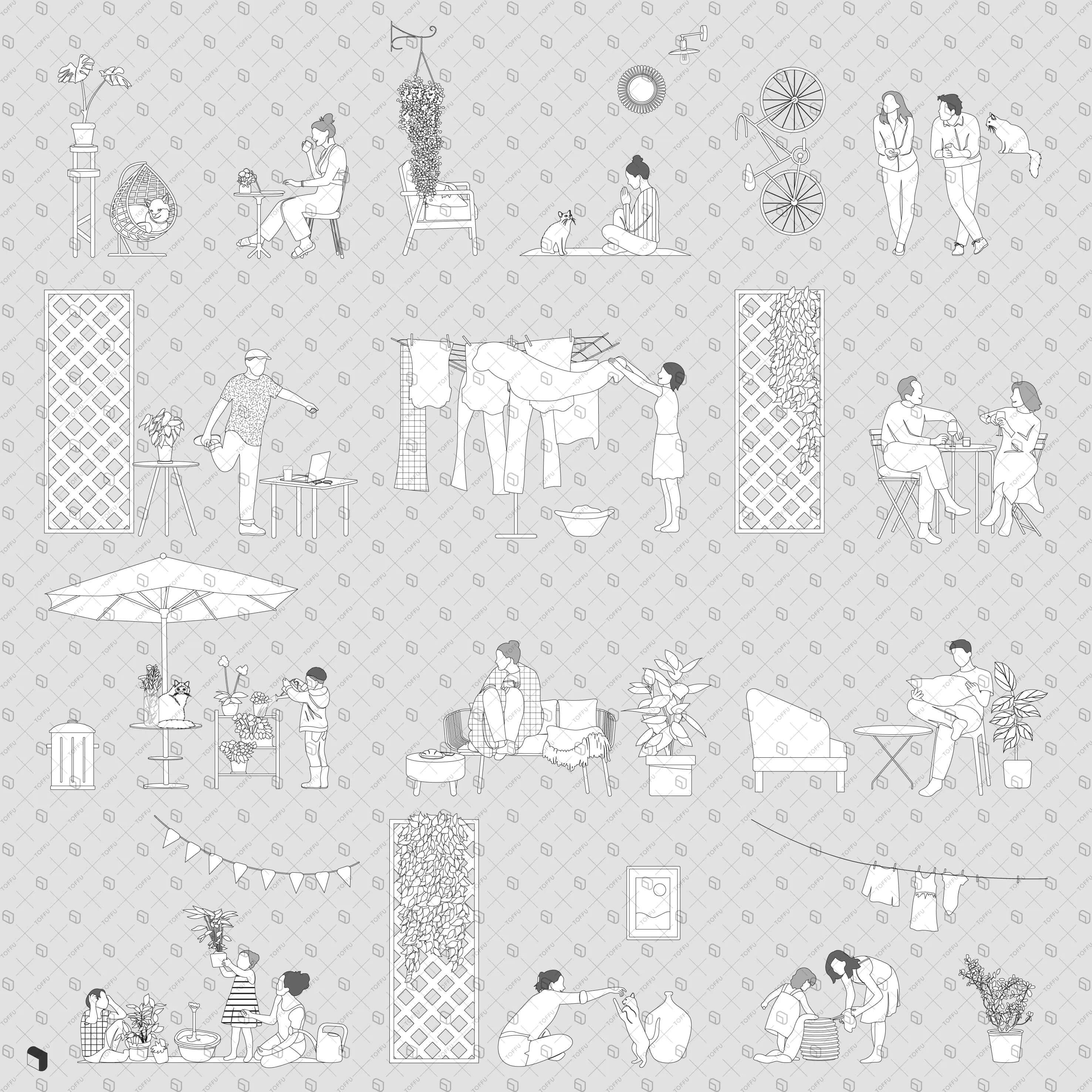 Flat Vector Terrace People and Furniture Digital Artwork drawings | Toffu Co