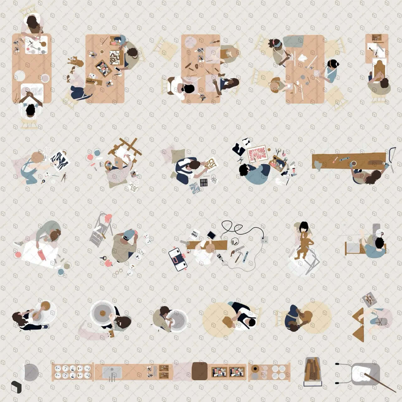 Flat Vector Workshop Setups Top View Digital Artwork drawings | Toffu Co