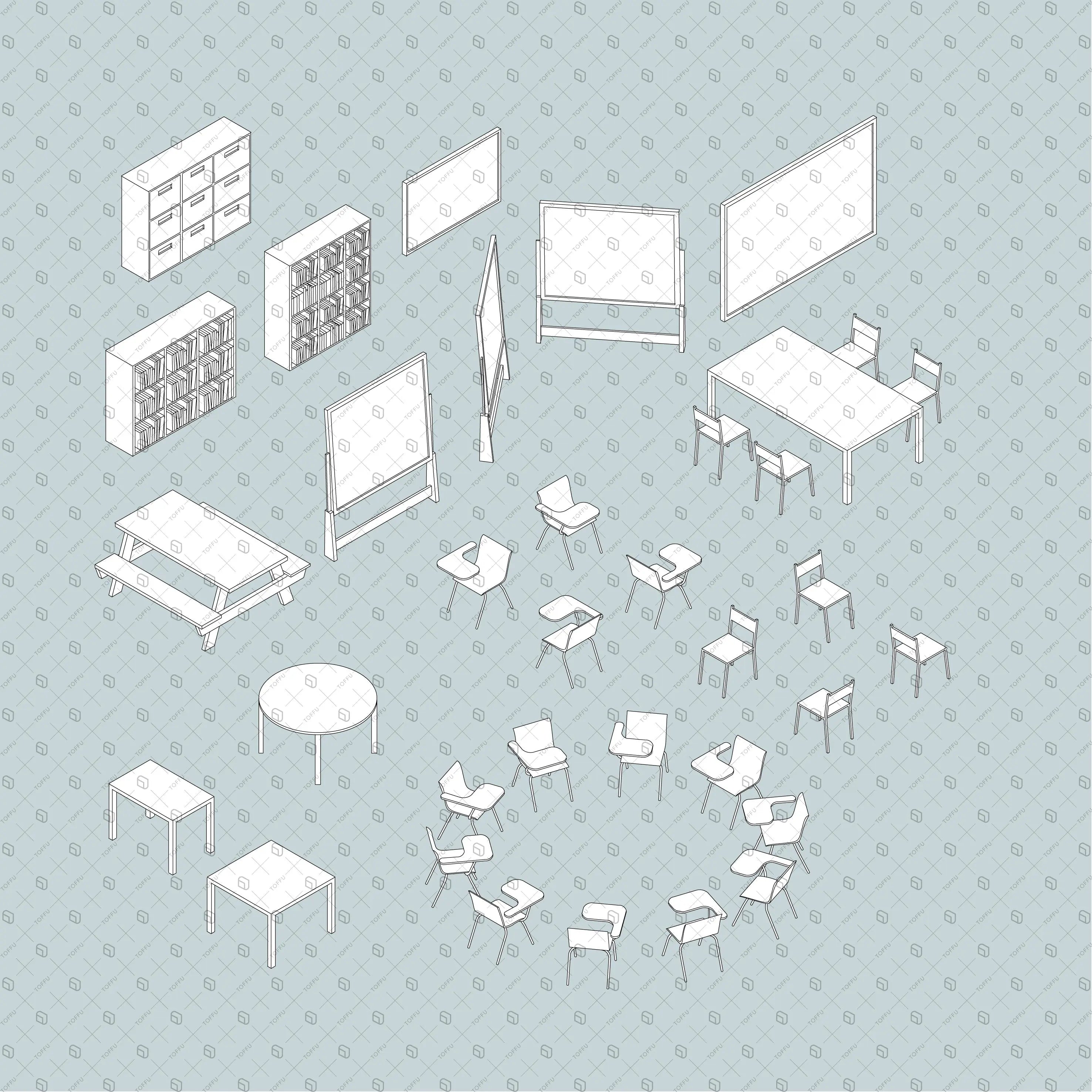 Cad Axonometric School Furniture Digital Artwork drawings | Toffu Co