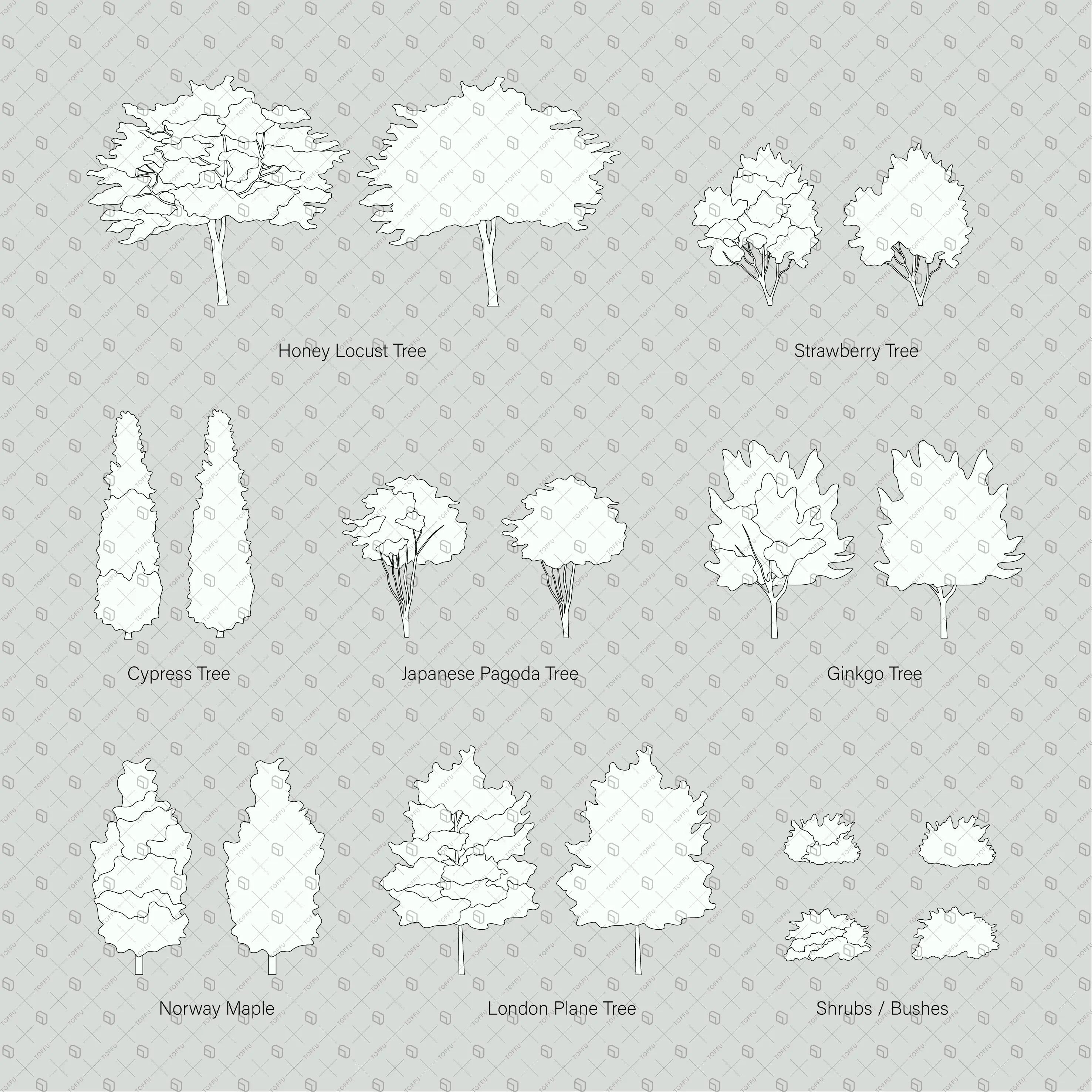 Cad Trees and Bushes Digital Artwork drawings | Toffu Co