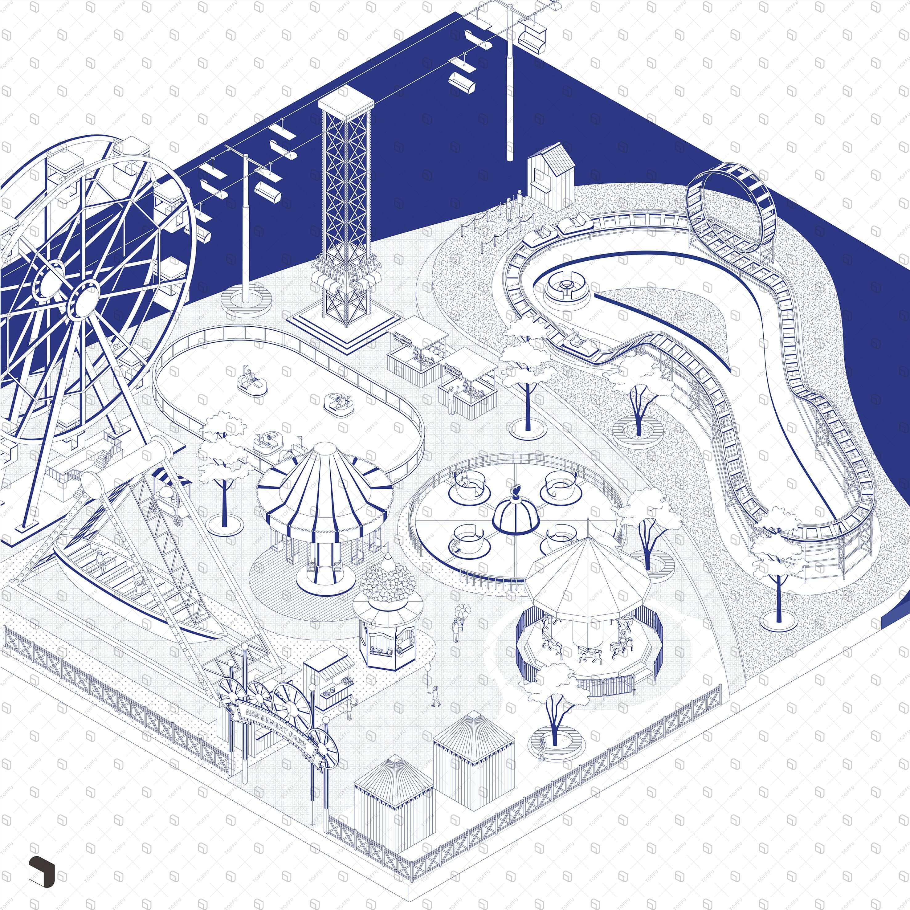 Axonometric Cad Amusement Park Digital Artwork drawings | Toffu Co