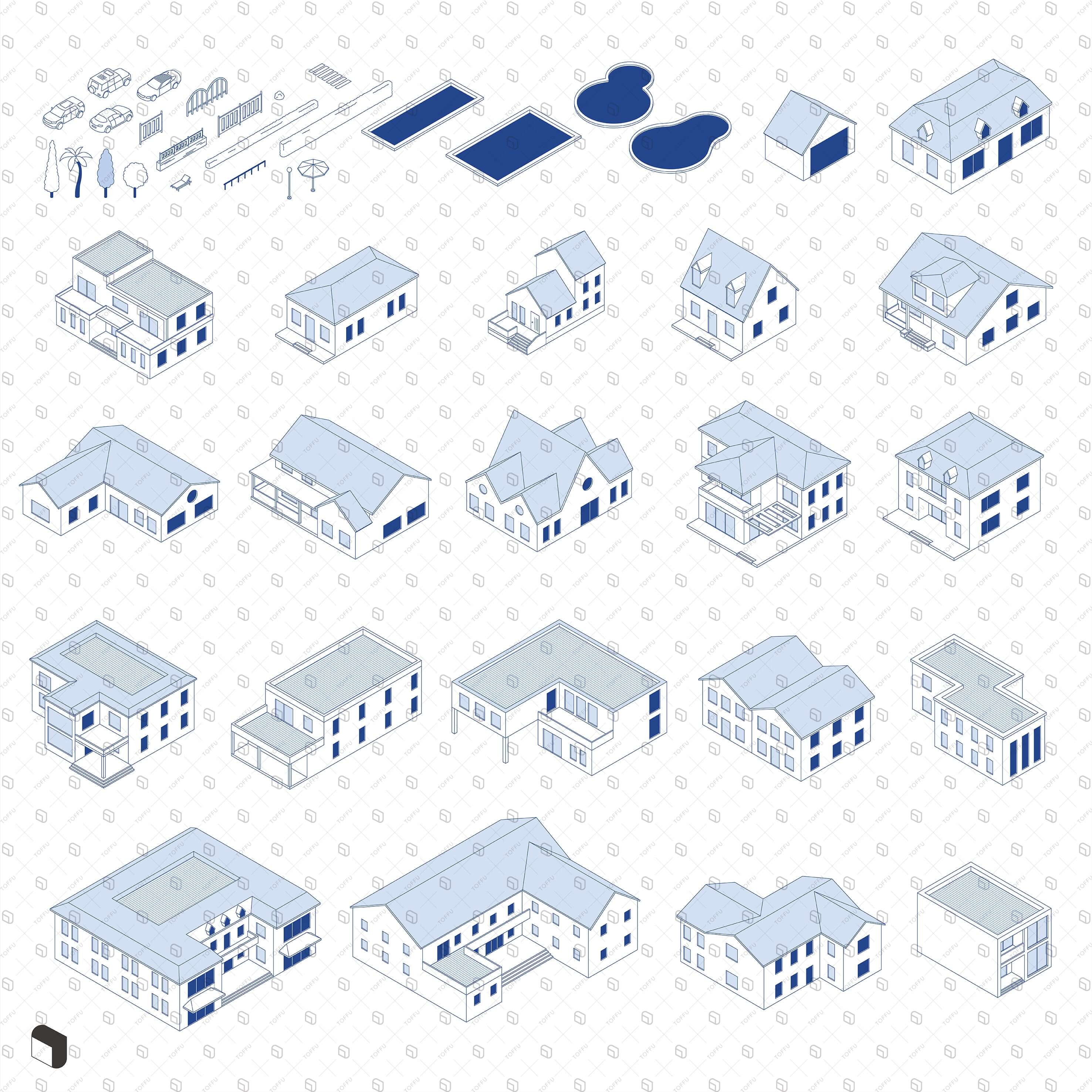 Axonometric Cad Houses Digital Artwork drawings | Toffu Co