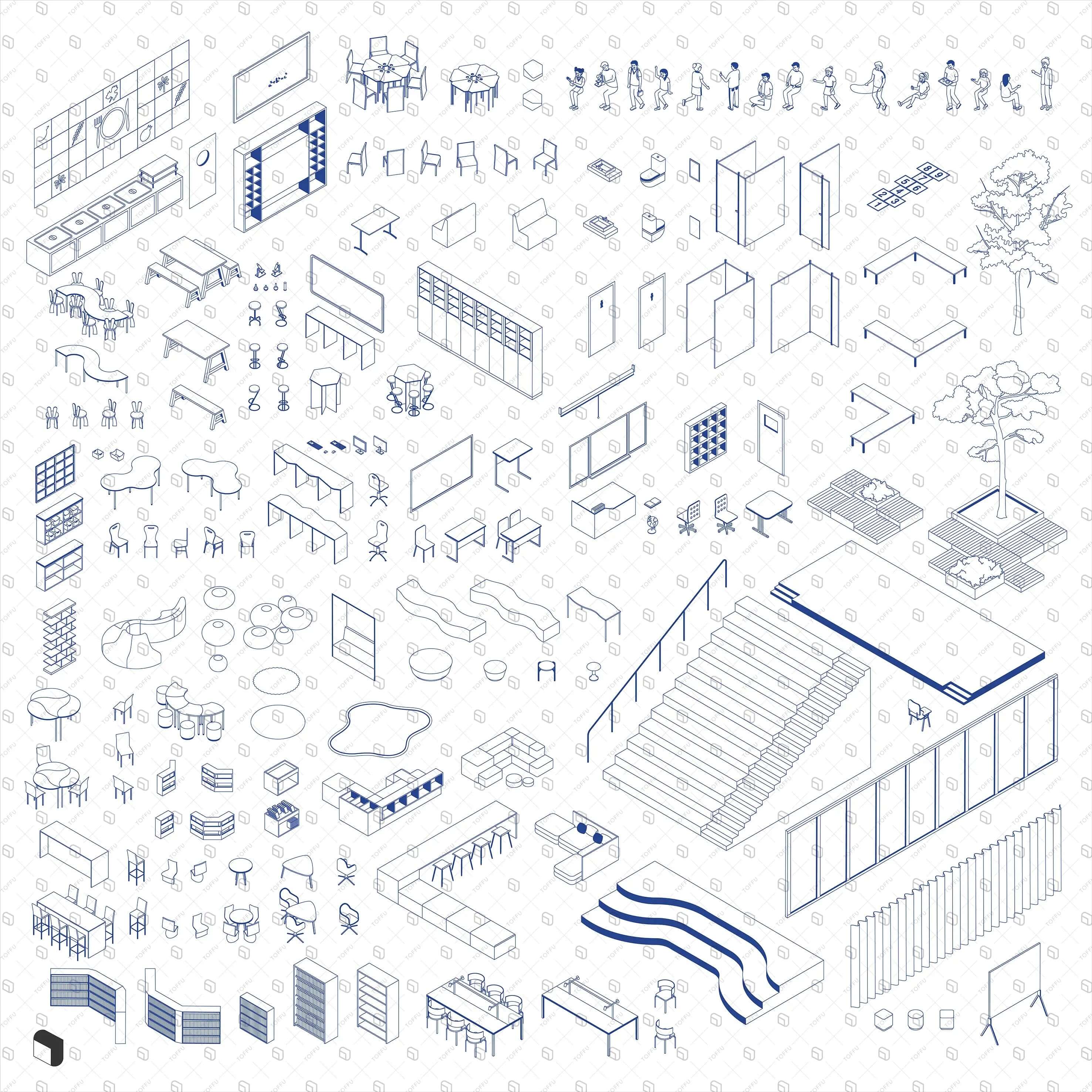 Axonometric Cad Elementary School Digital Artwork drawings | Toffu Co