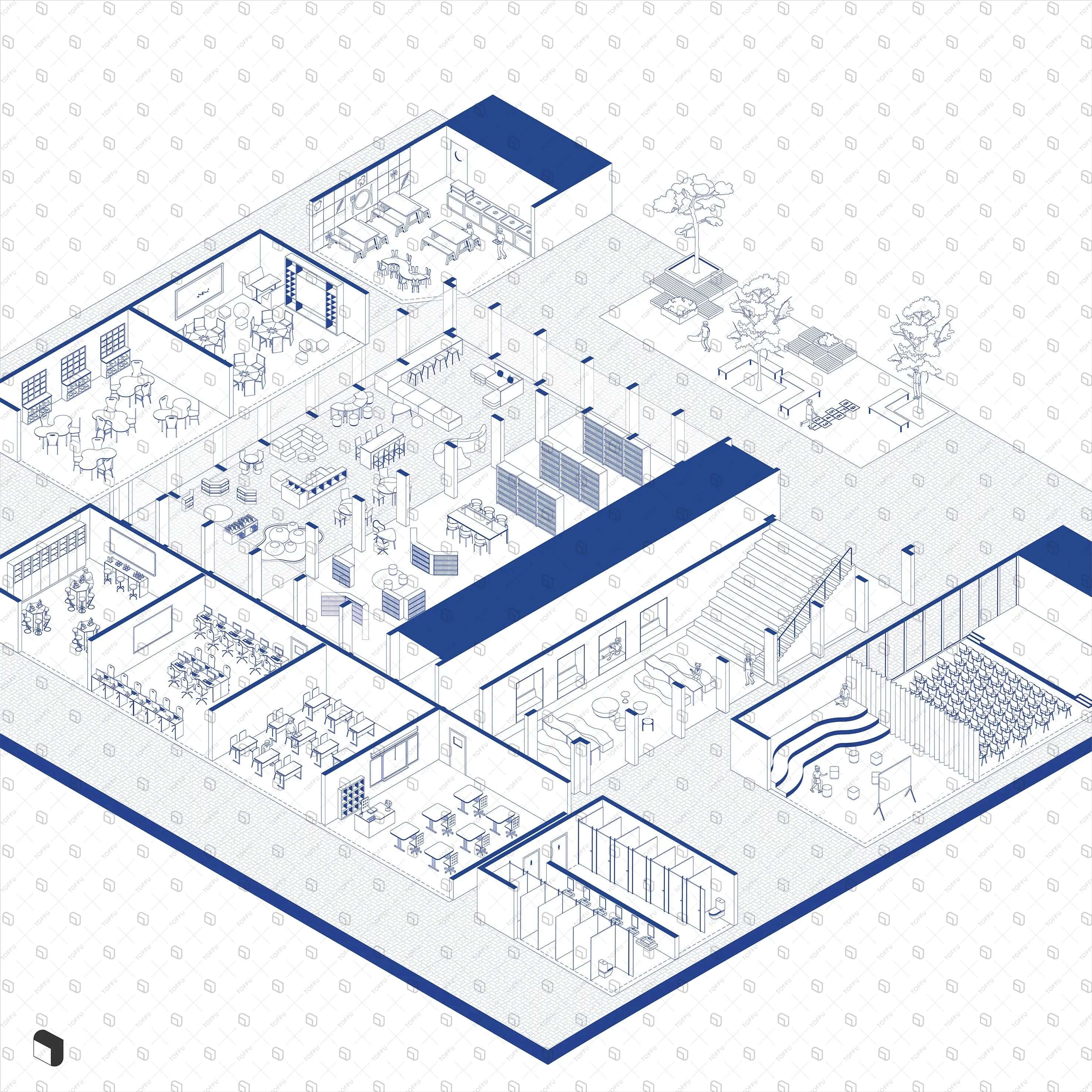 Axonometric Cad Elementary School Digital Artwork drawings | Toffu Co