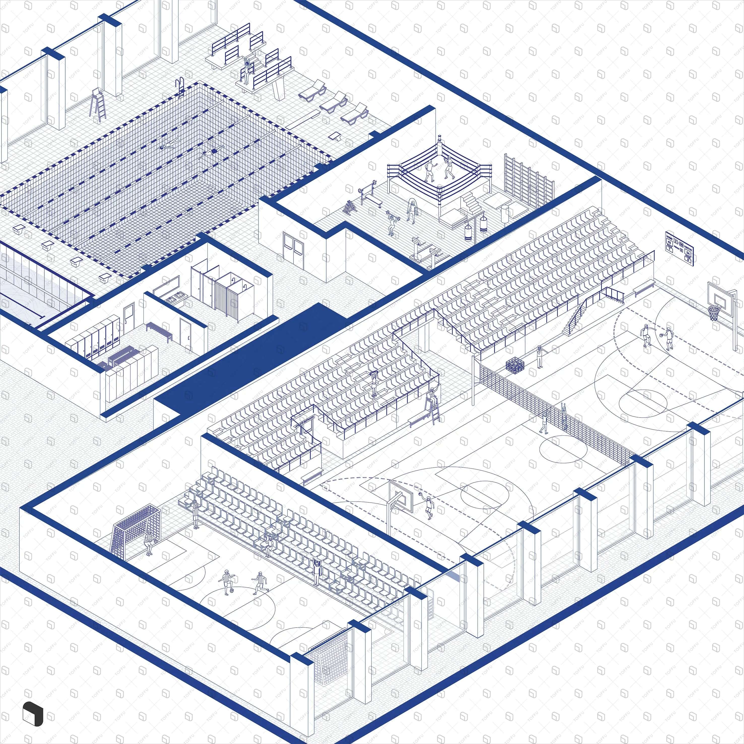 Axonometric Cad Sport Center Digital Artwork drawings | Toffu Co