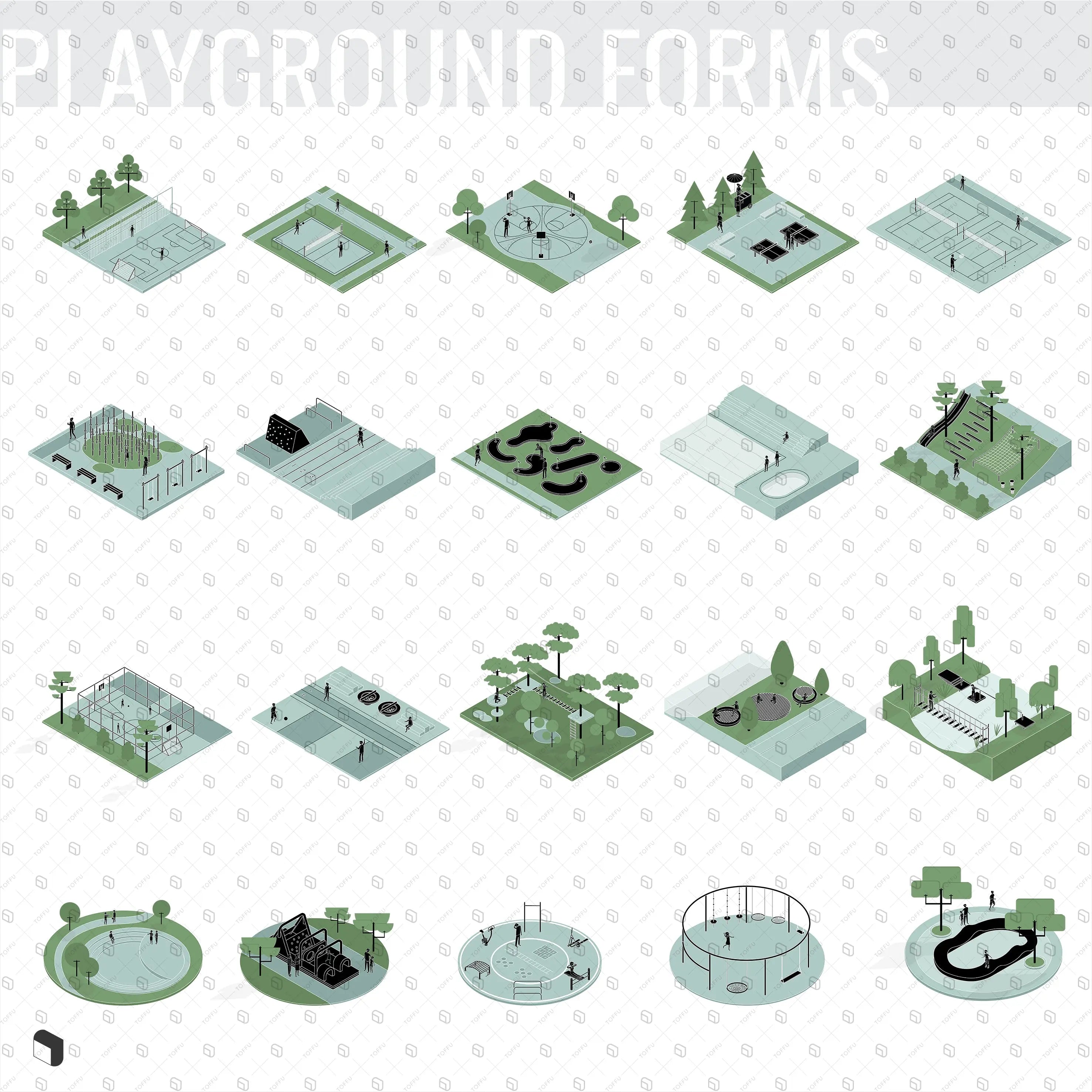 Axonometric Diagram Playground Forms Digital Artwork drawings | Toffu Co