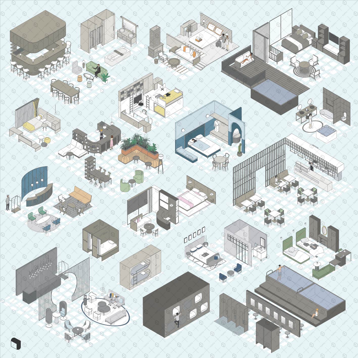 Axonometric Hotel Rooms PNG - Toffu Co